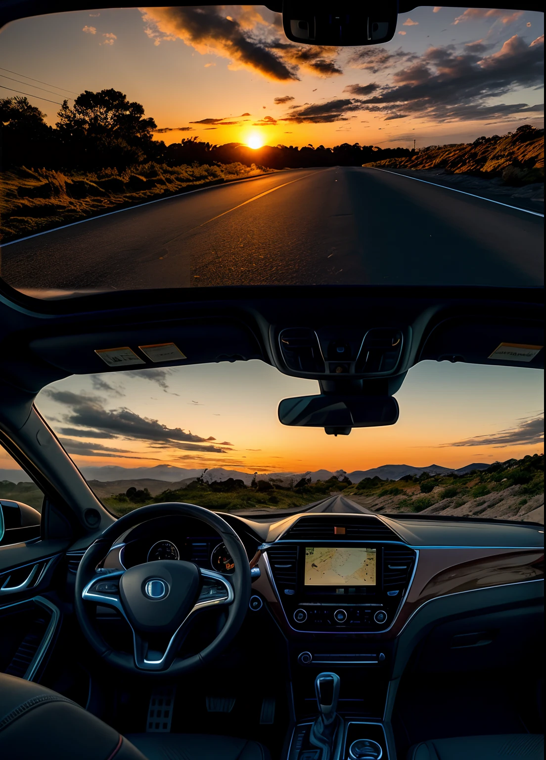 the setting sun，evening light，view from long distance，realisticlying，plethora of colors，Gorgeous and colorful，Shoot at night，positive，natural style，hdr shot，Inside the car，Look inside the car，Sunset directly ahead，Faraway view，Blurred foreground，Ultra-clear details，Ultra photo realsisim，telephoto lenses