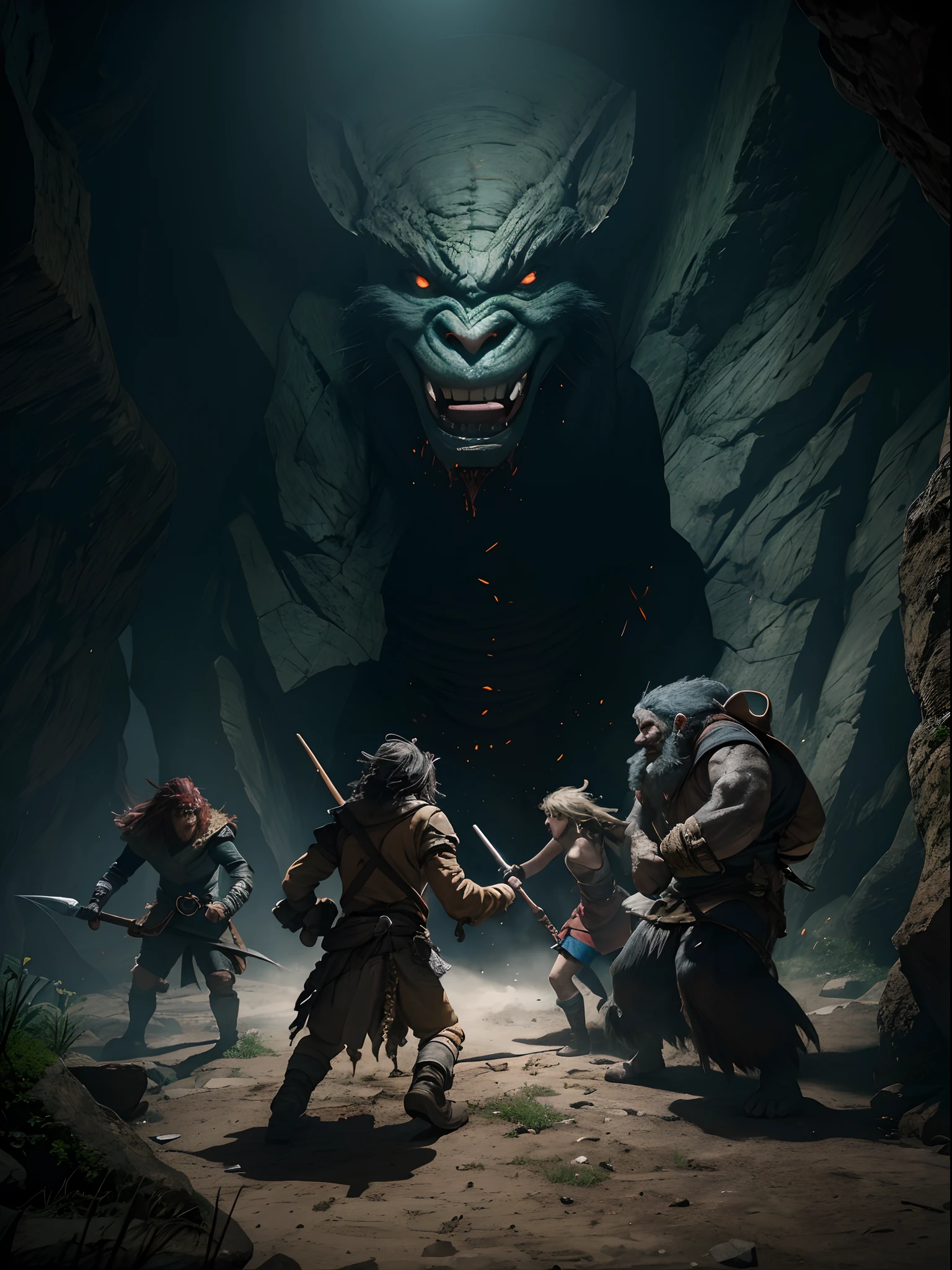 a group of adventurers fighting an evil troll in front of a dark cave mouth, beautiful shadow and lighting, masterpiece, absurdes, 4k