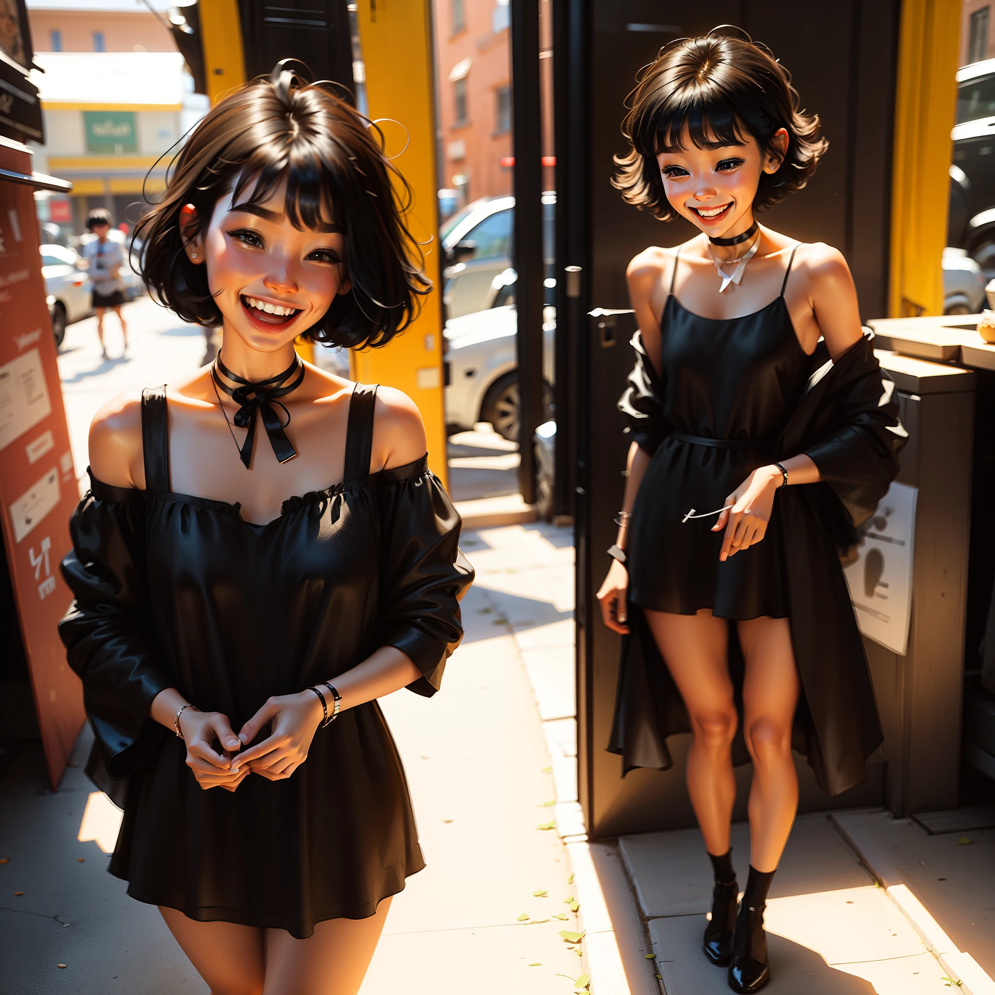 A girl in a black slip dress,with short black hair,Full body photo with a ribbon around his neck,Optimism loves to laugh,slim,Hobby watching,