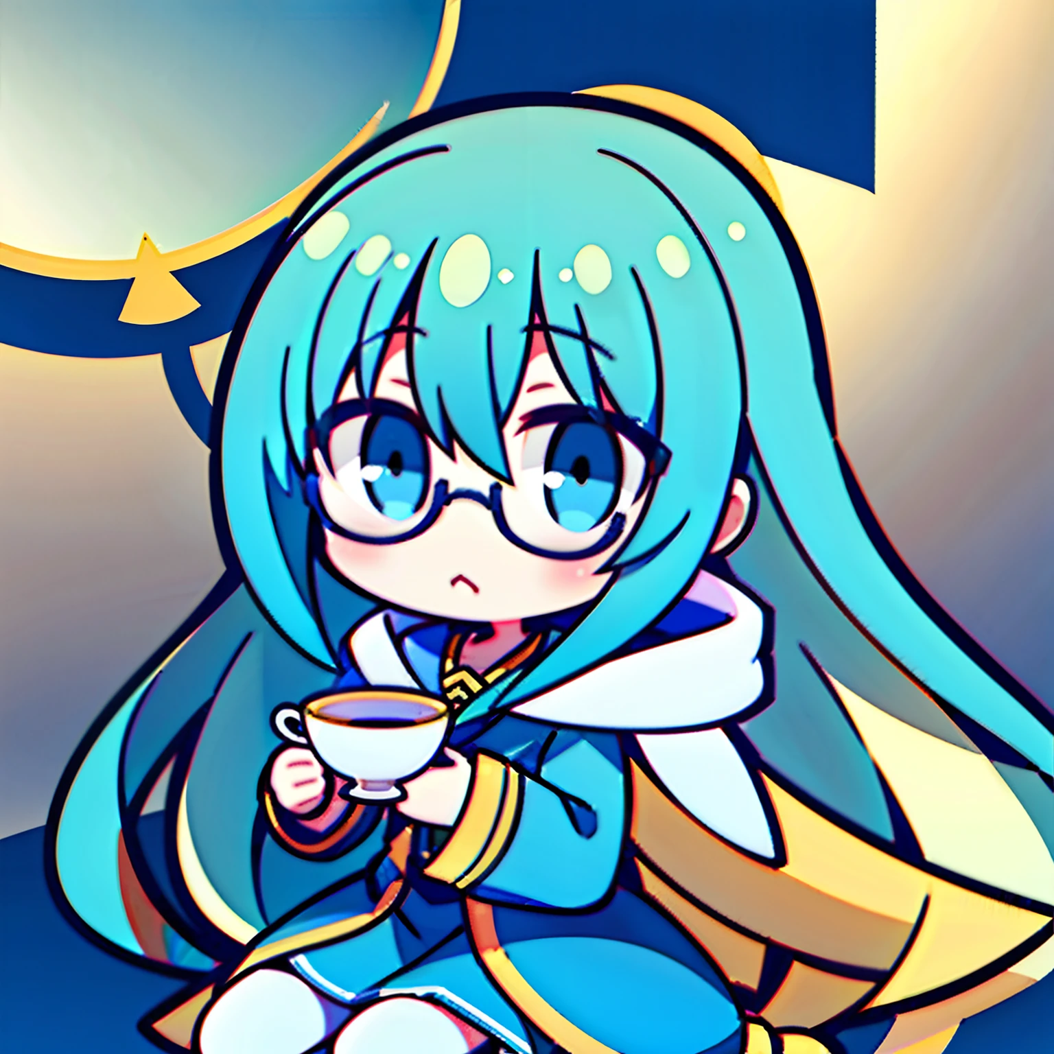 1girll,blue long hair,Gold-tone glasses,4k画质,whitesweater,Sit on a book,Pouting,Holding a teacup,The background is pure white
