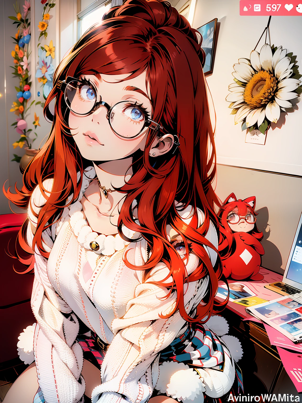 arafed woman with glasses and a white sweater posing for a picture, amouranth, belle delphine, better known as amouranth, cute young redhead girl, with glasses, 8k)), anime girl in real life, redhead girl, anna nikonova aka newmilky, young beautiful amouranth, cosy vibes, with long hair and piercing eyes