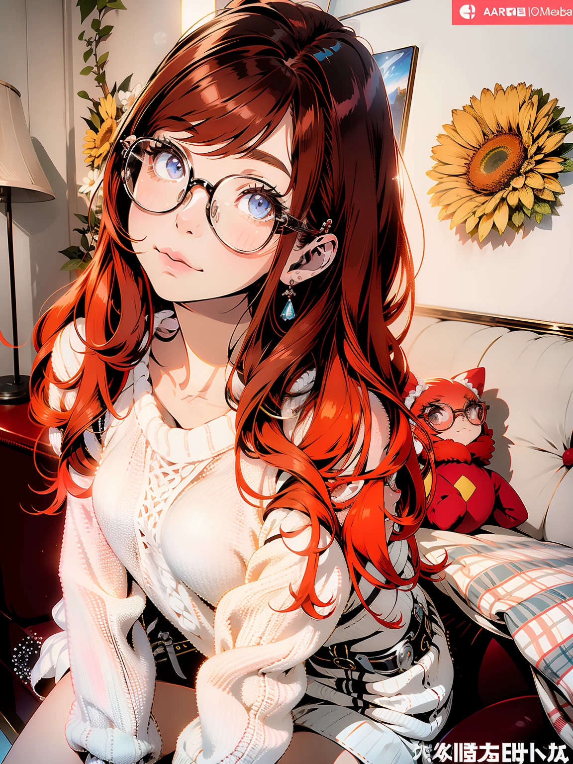 arafed woman with glasses and a white sweater posing for a picture, amouranth, belle delphine, better known as amouranth, cute young redhead girl, with glasses, 8k)), anime girl in real life, redhead girl, anna nikonova aka newmilky, young beautiful amouranth, cosy vibes, with long hair and piercing eyes