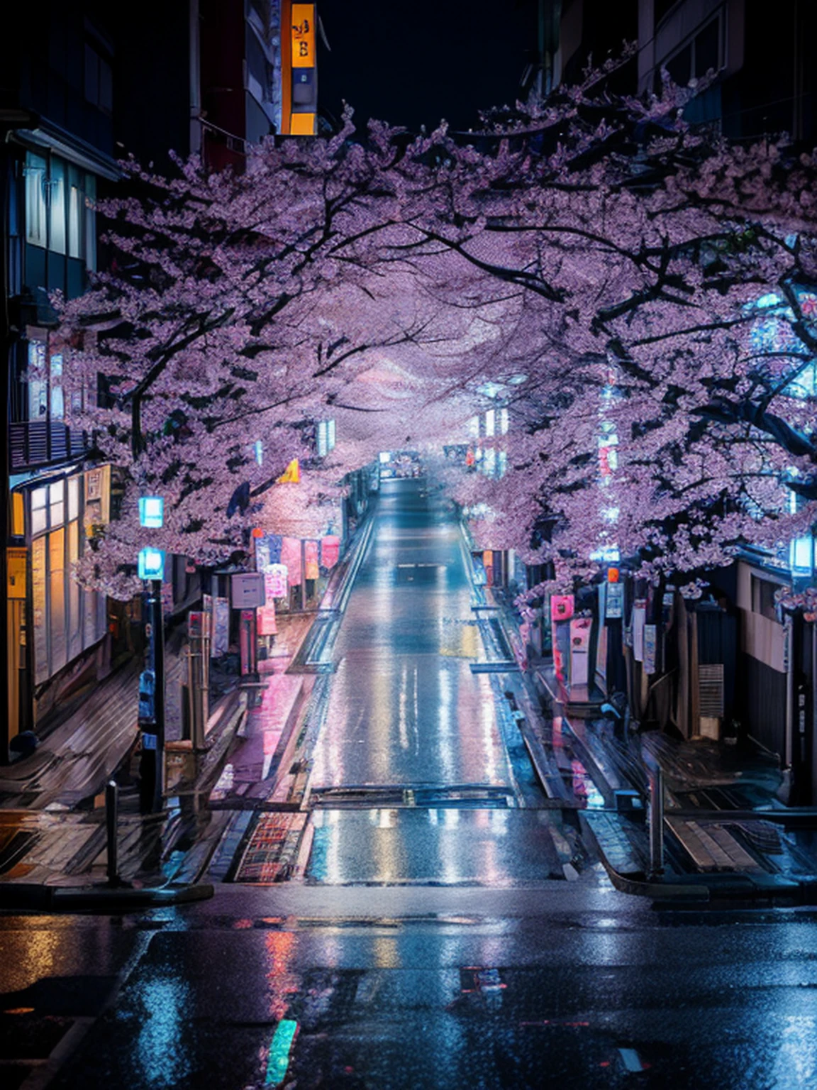 Street landscape with many trees and lights, cherry blossom rain everywhere, cyberpunk streets in japan, japan at night, in tokyo at night, sakura season dynamic lighting, in a tokyo street, purple lighted street, japanese city at night, in a japanese town at night, japanese downtown, street japan, Tokyo Street, quiet tokyo alley at night