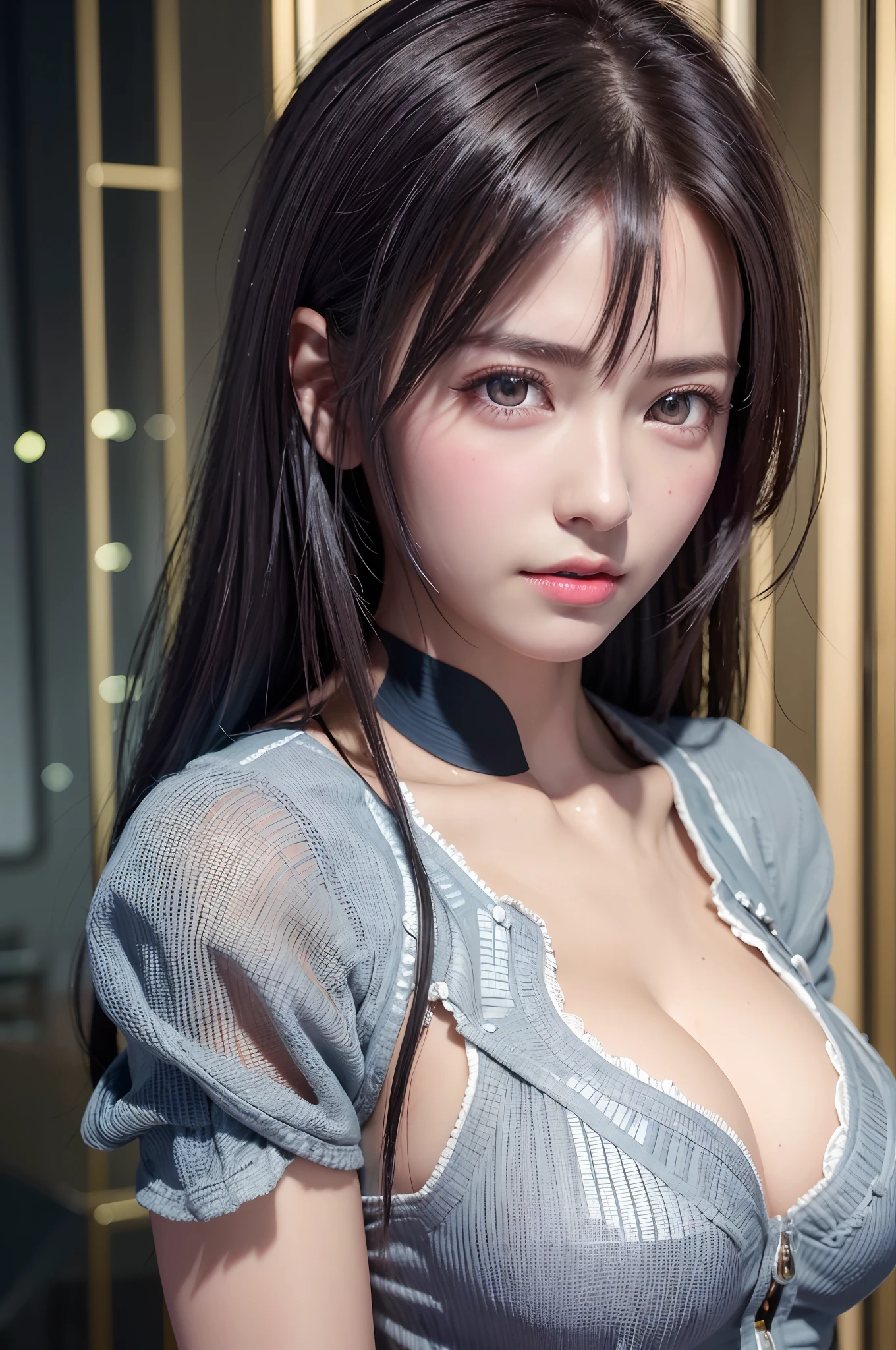 top-quality、8K Masterpiece、超A high resolution、(Photorealsitic:1.3)、Raw photo、1人、silver white hair、glowy skin、1 Cyberpunk Super Beautiful Soldier、((super realistic details))、portlate、globalillumination、Shadow、octan render、8K、ultrasharp、beauty breast、Raw skin is exposed in cleavage、metals、cold color、、highly intricate detail、Realistic light、CGSoation Trends、Beautiful eyes、radiant eyes、Facing the camera、neon details、