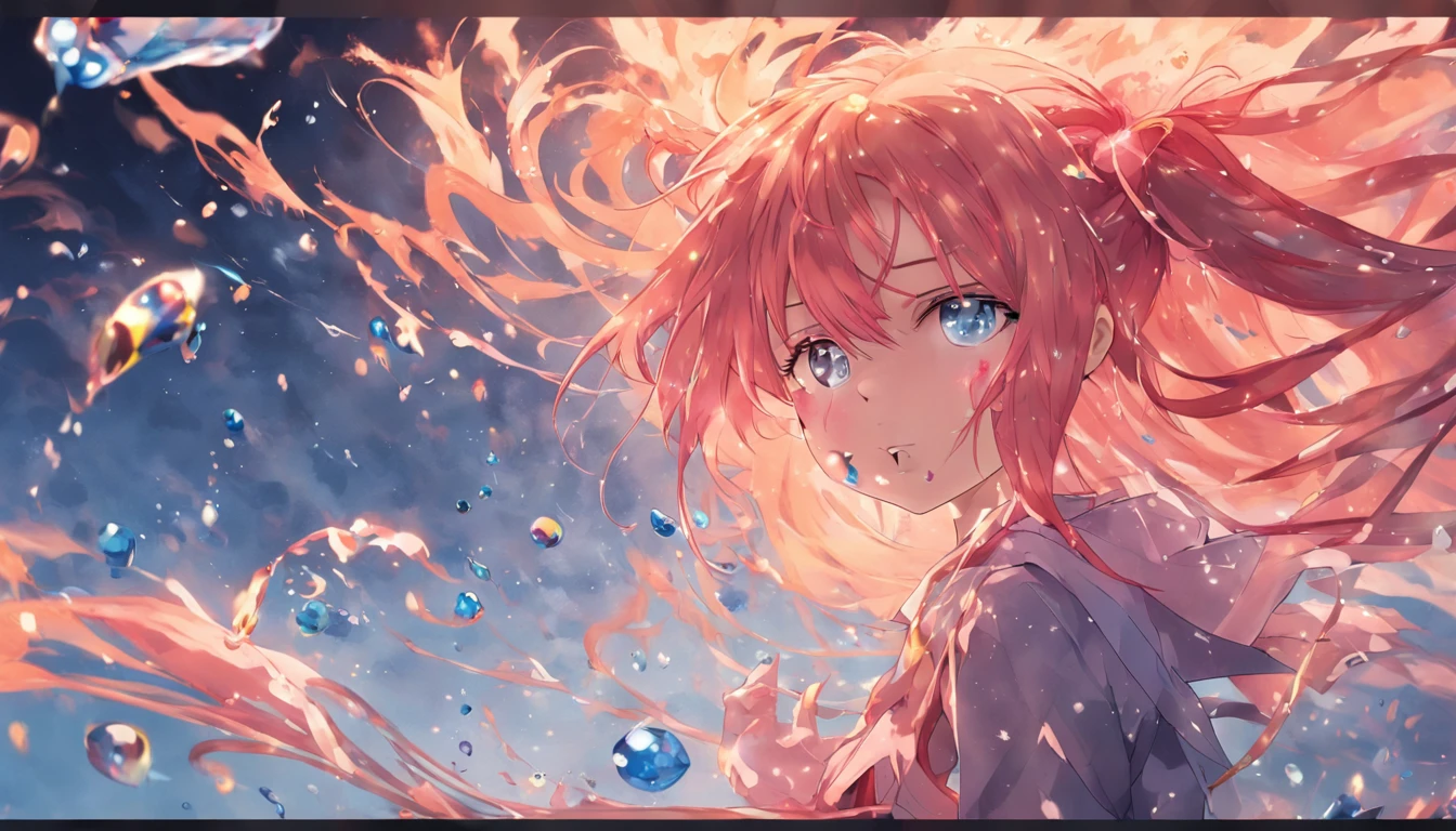 (Masterpiece, Best quality) anime scene, rule of third, Water and fire elements, A mixture of water and fire, Water balloons and fireballs, no character，a beauty girl，Pink Long Hair，dual horsetail，Jewel-like blue eyes，High-priced texture