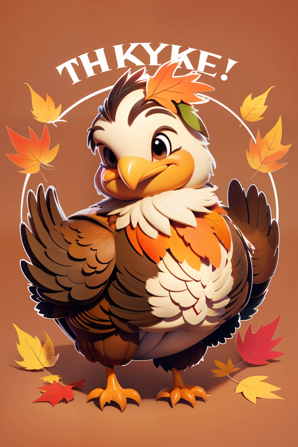 illustrations, cute front cover page with cute cartoon happy coloful turkey with large turkey feathers, fall colorful leafs