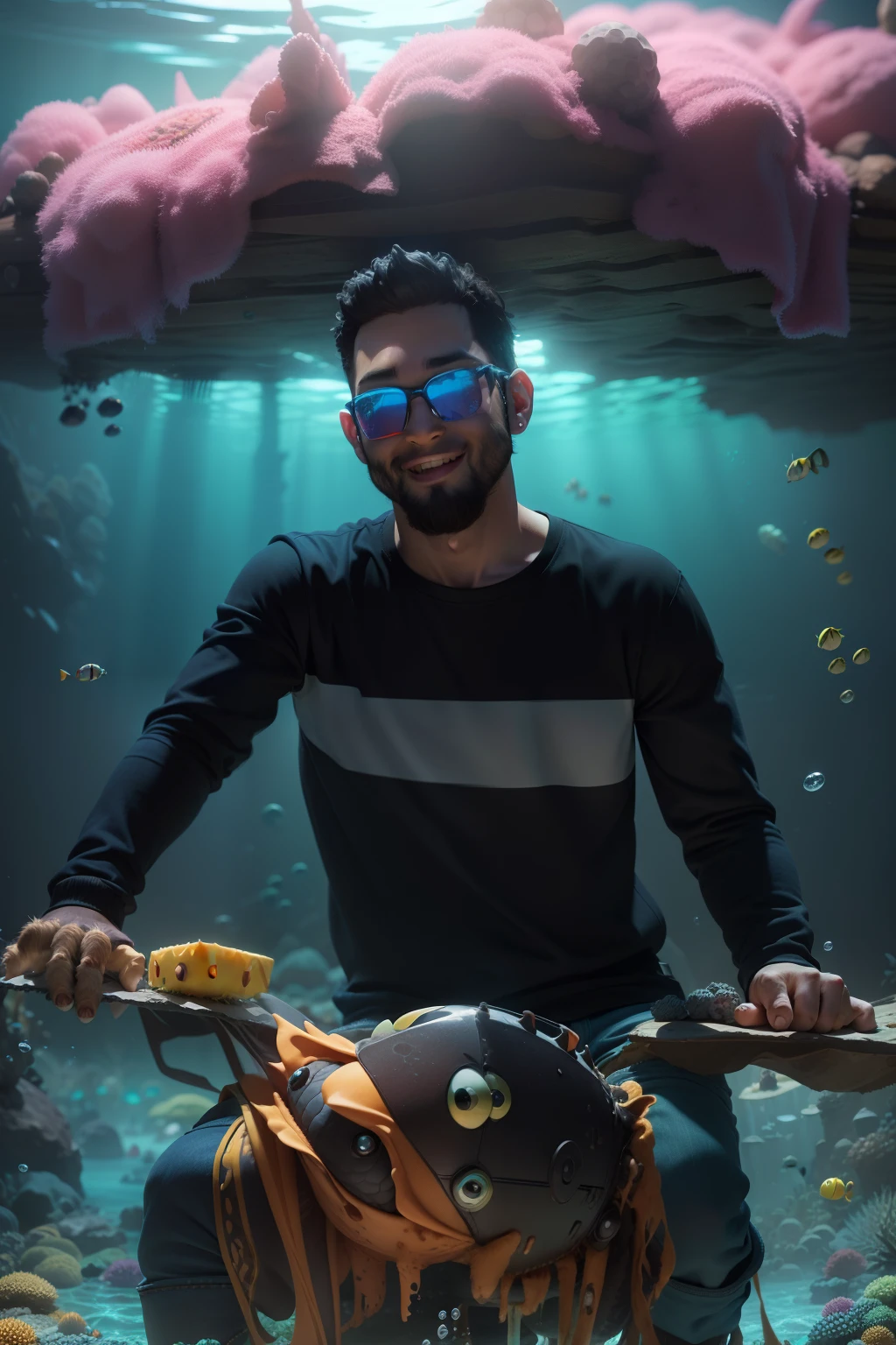 Cute 3d tarantula, happy, hyper realistic, live colors, focus on character,Create a fluffy SpongeBob monster, jeans pants and rubber boots, the background is an underwater landscape with small funny fish, realistic fish,34K