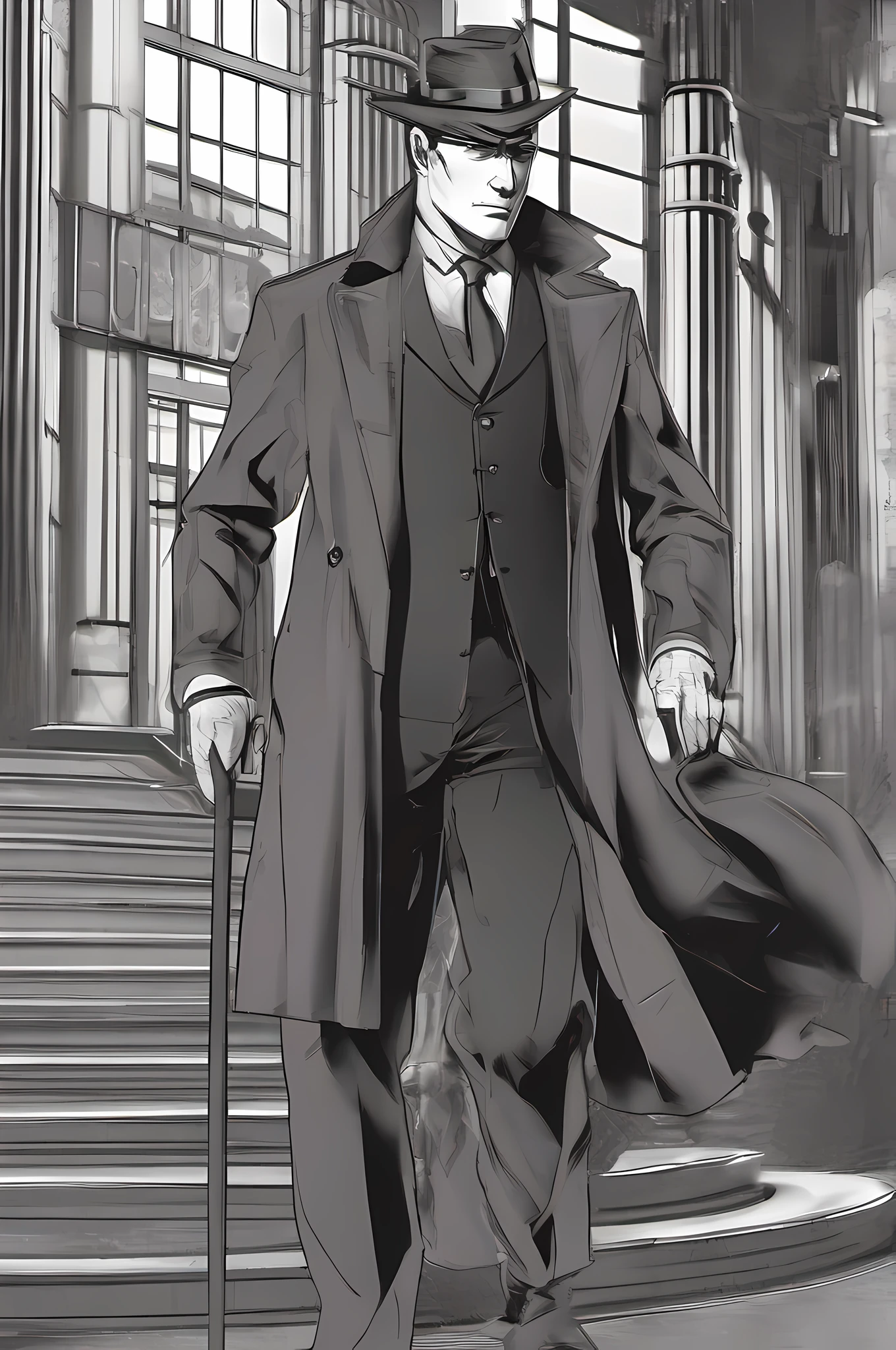 https://cdn.discordapp.com/attachments/1143628321737953330/1143832732695277608/first_variation.jpeg, manga style, manga style , manga style, no background, character sheet, there is a man in a black suit and a long coat holding a cane, epic and classy portrait, noir film world character design, high detail iconic character, character full body portrait, ( ( character concept art ) ), 3 d render character art 8 k, full body character portrait, amazing 8k character concept art, style of marcin blaszczak, full entire body fun pose, fullbody dynamic poses, dynamic poses, different poses, various action poses