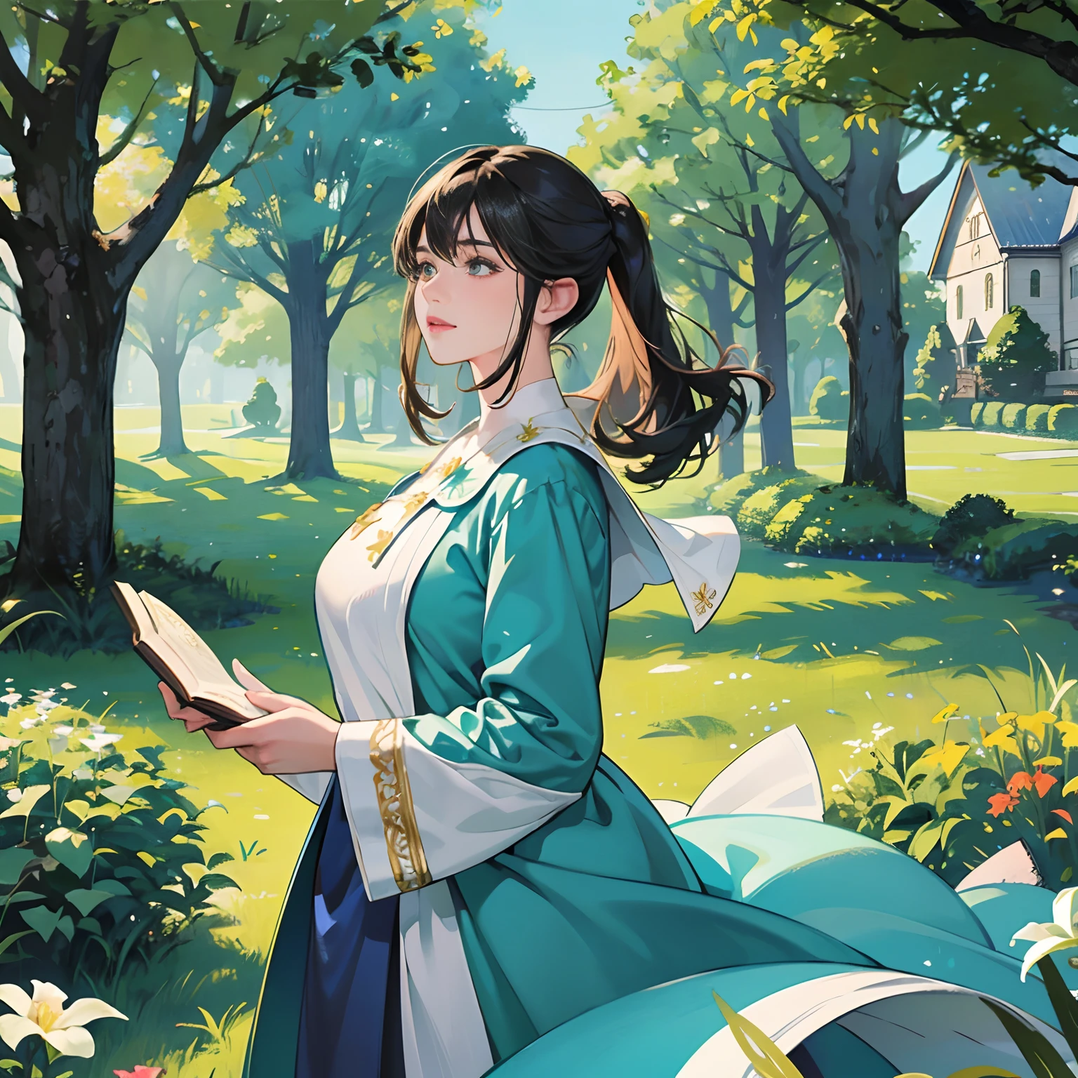 Women in Their 20s, Fantasia、offcial art, unity 8k wall paper, ultra-detailliert, beautifly、Aesthetic, masterpiece, top-quality, Photorealsitic、clergyman、Saint a girl、Cultivated woman、Blue clothes in cross design、Bunching hair、Staring at this、Healing Magic、Have a Bible、Church yard、Green Tree々、White rabbit、depth of fields, Fantastic atmosphere, Calm palette, tranquil mood, Soft shading、bbw、very large breast、plump figure、