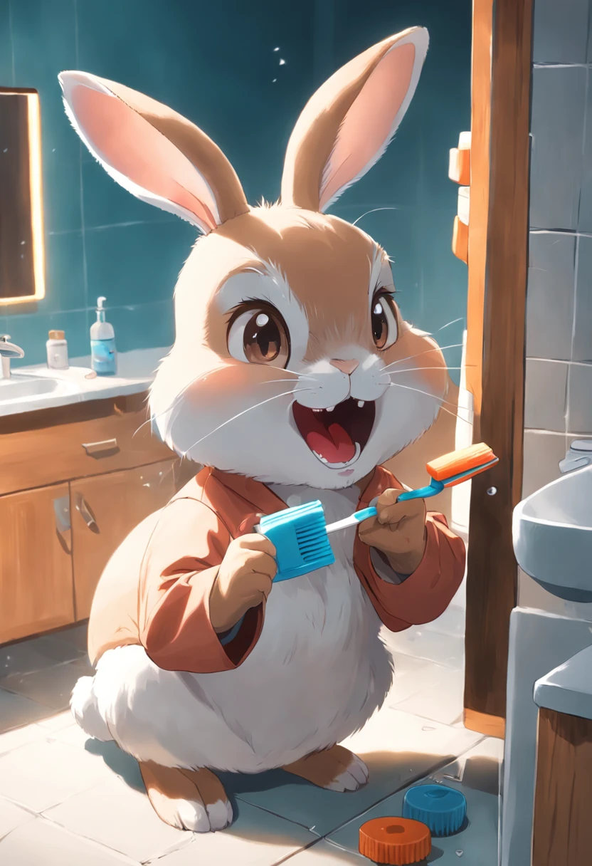 Rabbit brushing teeth、Brownish、Ears stand、White toothbrush、In front of the mirror