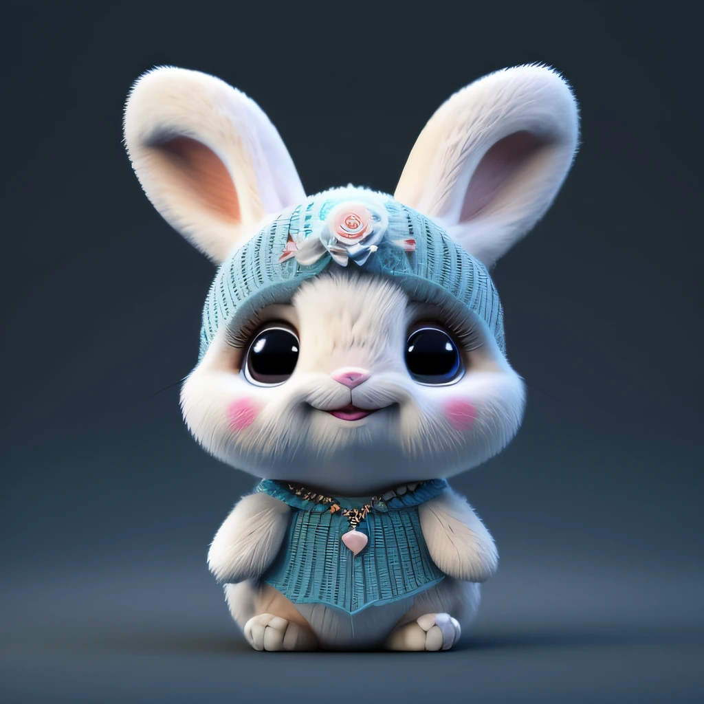 Design a pattern of a rabbit, featuring a cartoon depiction of the animal. The rabbit should be dressed in a tiffany blue outfit with a white pearl necklace, holding a bouquet of beautiful flowers in its hands. The color of the flowers should be different from the outfit. The rabbit's fur should radiate a white glow, and it should have big blue eyes, long eyelashes, a smiling mouth, and should be looking directly at the camera. The style should resemble that of Disney. The background should depict a picturesque castle.