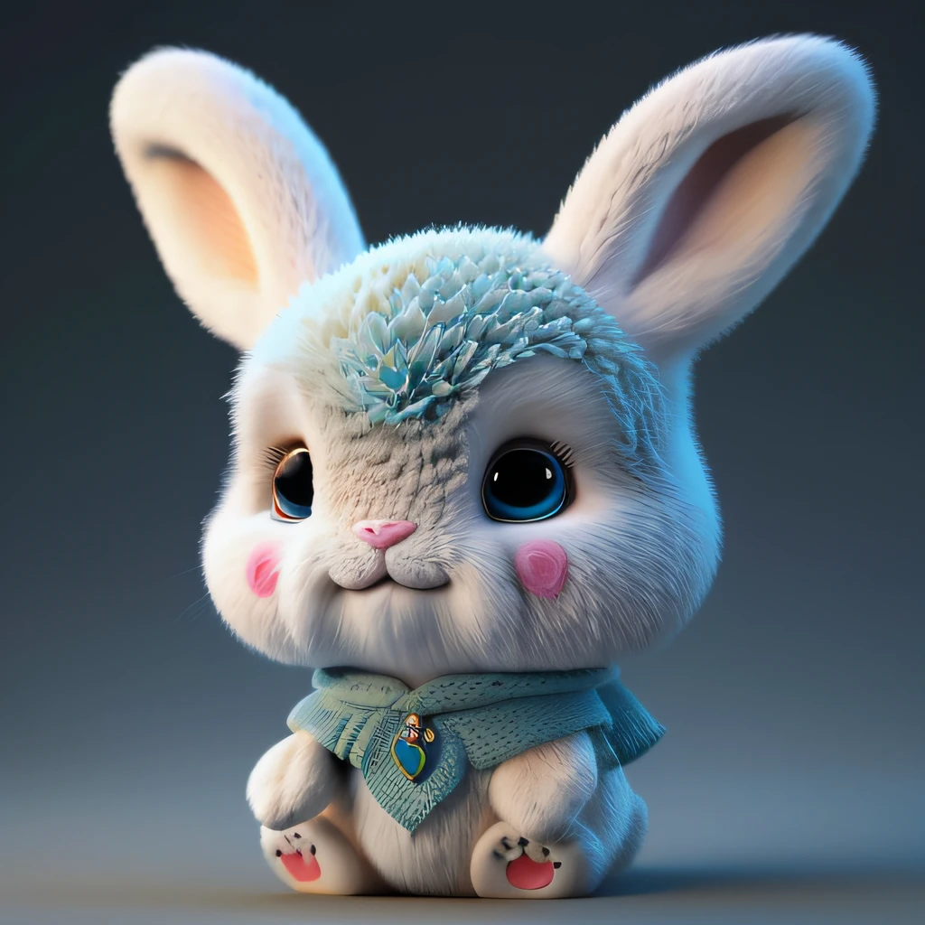 Design a pattern of a rabbit, featuring a cartoon depiction of the animal. The rabbit should be dressed in a tiffany blue outfit with a white pearl necklace, holding a bouquet of beautiful flowers in its hands. The color of the flowers should be different from the outfit. The rabbit's fur should radiate a white glow, and it should have big blue eyes, long eyelashes, a smiling mouth, and should be looking directly at the camera. The style should resemble that of Disney. The background should depict a picturesque castle.