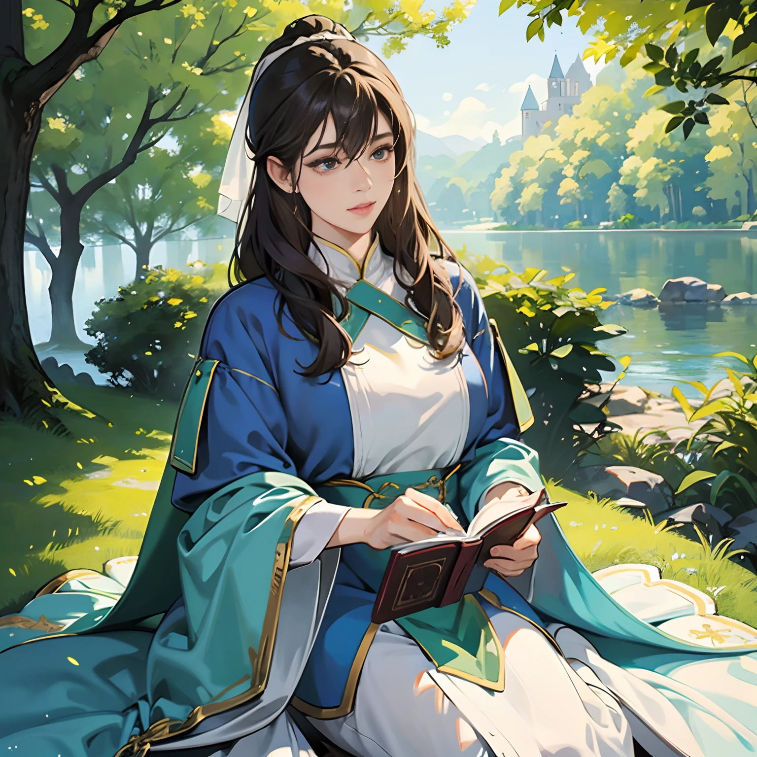 Women in Their 20s, Fantasia、offcial art, unity 8k wall paper, ultra-detailliert, beautifly、Aesthetic, masterpiece, top-quality, Photorealsitic、clergyman、Saint a girl、Cultivated woman、Blue clothes in cross design、Bunching hair、Staring at this、Healing Magic、Have a Bible、Church yard、Green Tree々、White rabbit、depth of fields, Fantastic atmosphere, Calm palette, tranquil mood, Soft shading、bbw、very large breast、plump figure、