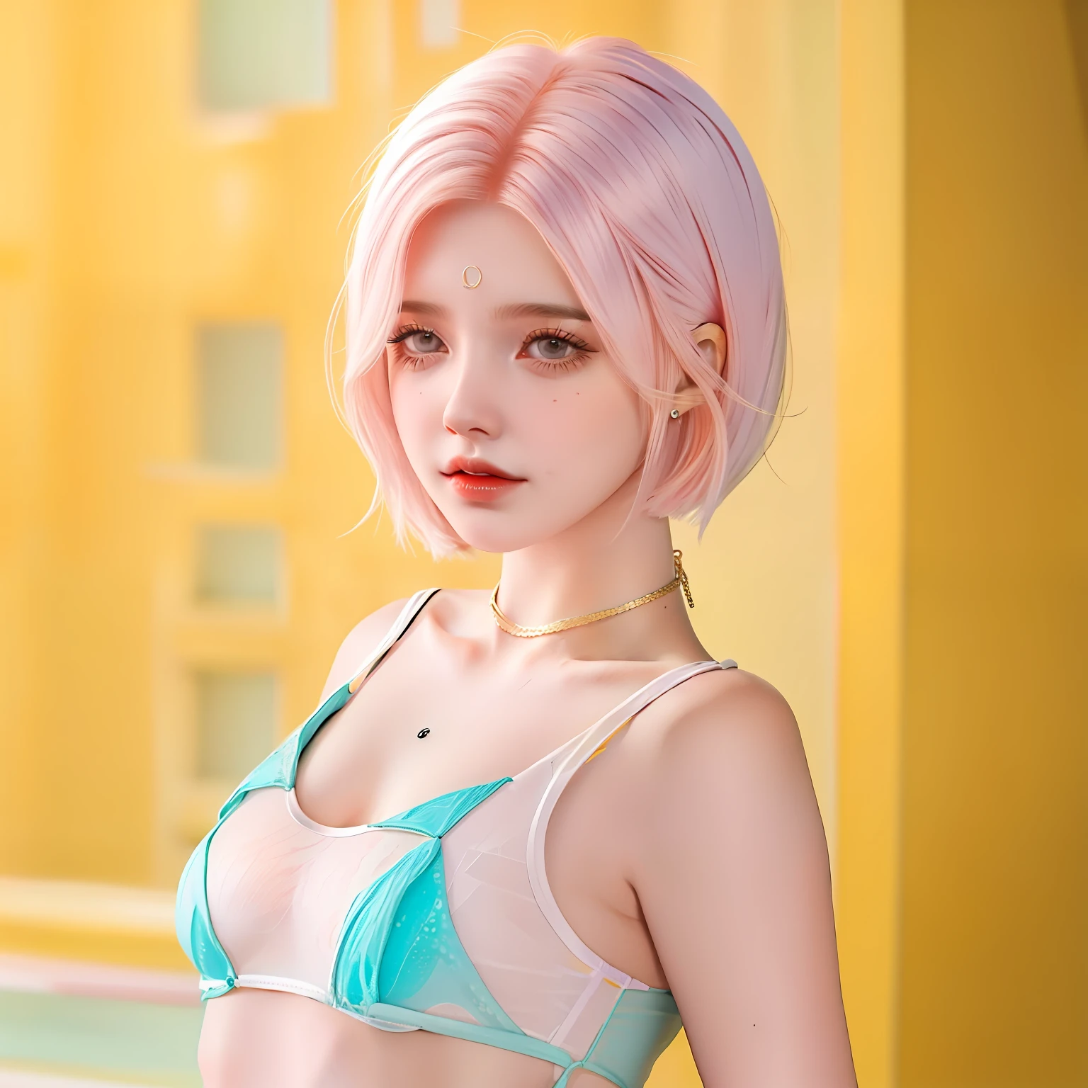 girl,billie elish,short hair, bikini, ultra detail,70mm lens