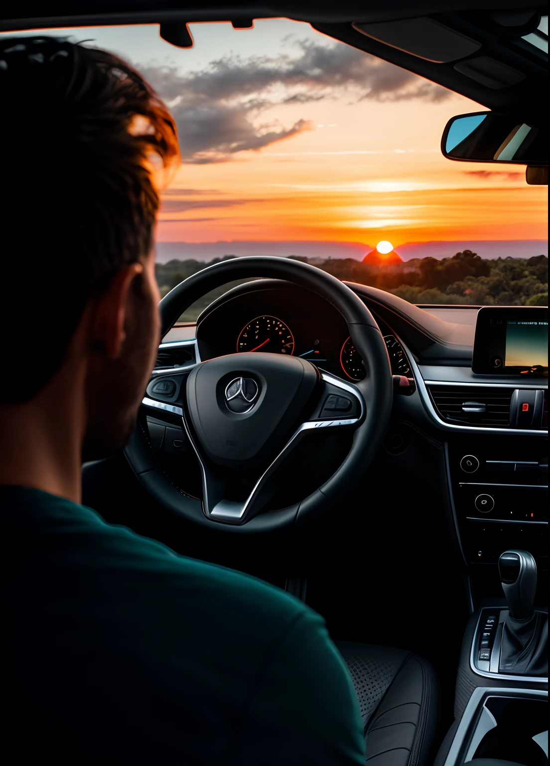 the setting sun，evening light，view from long distance，realisticlying，plethora of colors，Gorgeous and colorful，Shoot at night，positive，natural style，hdr shot，Inside the car，Look inside the car，Sunset directly ahead，Faraway view，Blurred foreground，Ultra-clear details，Ultra photo realsisim，telephoto lenses