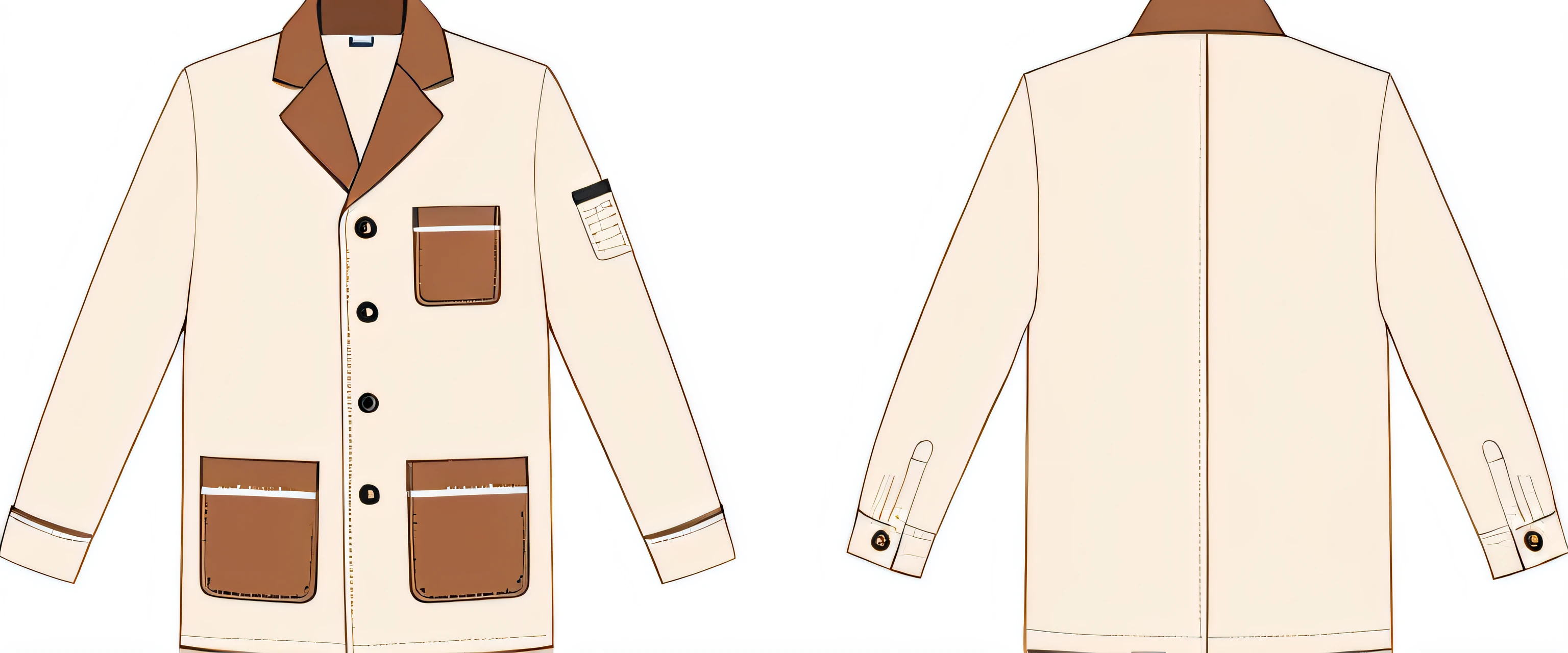 Drawing of a white coat with brown decoration and buttons, lab coat and tee shirt, labcoat, labcoat, labcoat, Coveralls, White sleeves, longer sleeves, top and side view, clean lineart and flat color, with two front pockets, Detached sleeves, With a lab coat, digitally drawn, uniform background, clothing design, Wear a lab coat with clothing effect front and back