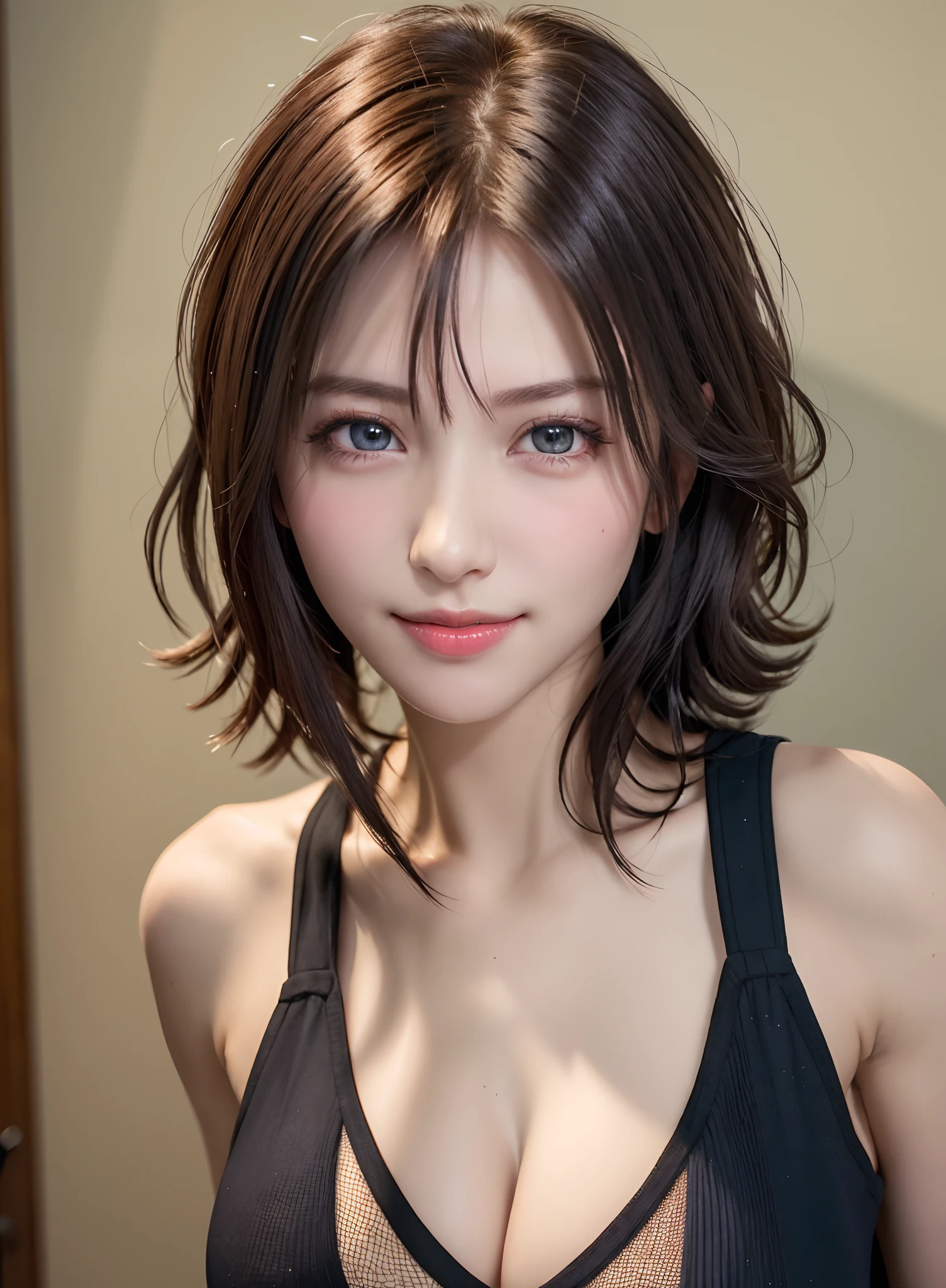 Top quality, ultra high resolution, (photorealistic: 1.4), beautiful eyes, super beautiful, short hair, beautiful breasts, lover, t-shirt with rough chest, eyes inviting viewer, lover's eyes, inviting facial expressions, sexy smile, perfect style, perfect balance, detailed skin, naughty eyes, chest visible