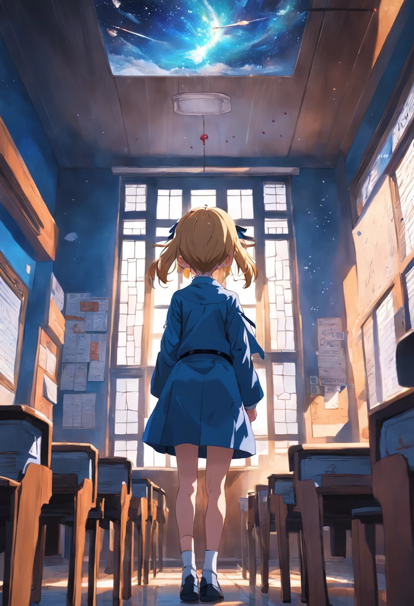 A 15-year-old boy,It's a boy,schoolboy,Sit by the window in the classroom,He can't write math problems,He just lay directly on the table,Lie on the table,The gentle sun shines on him,He wore a blue dress,The clothes ar