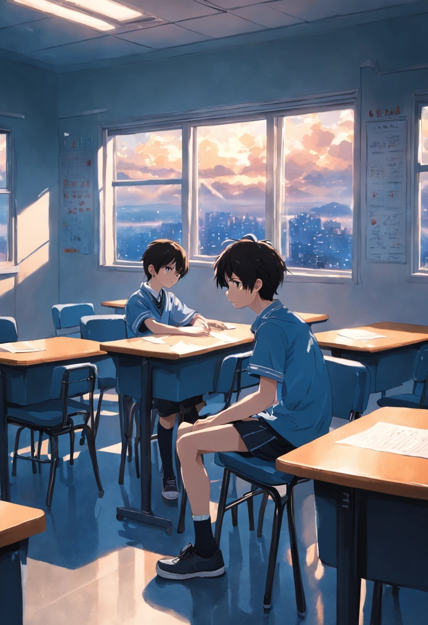 A -yeld bot's a boy,schoolboyy the window in the classroom,He can't write math problems,He just lay directly on the table,Lie on the table,The gentle sun shines on him,He wore a blue dress,The clothes ar