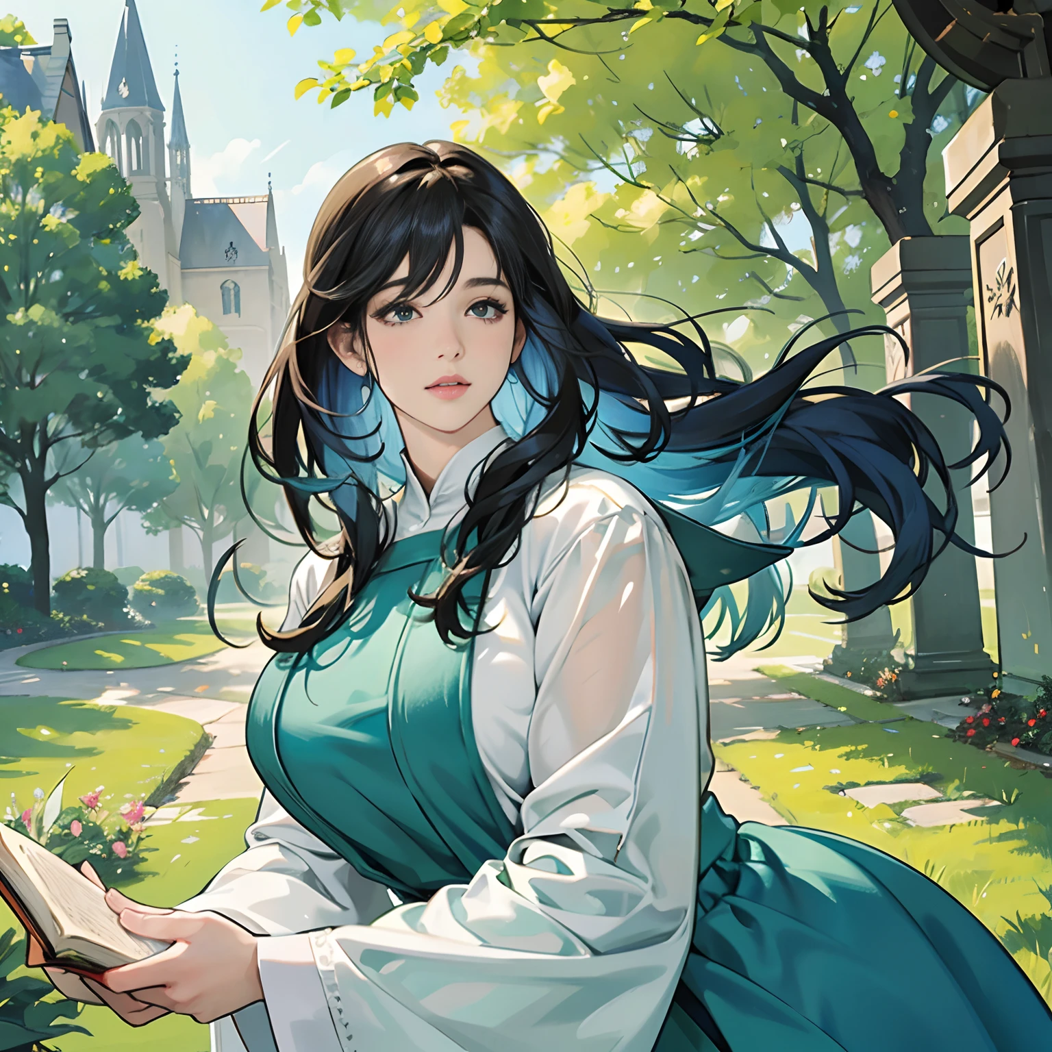 Women in Their 20s, Fantasia、offcial art, unity 8k wall paper, ultra-detailliert, beautifly、Aesthetic, masterpiece, top-quality, Photorealsitic、clergyman、Saint a girl、Cultivated woman、Blue clothes in cross design、Bunching hair、Staring at this、Healing Magic、Have a Bible、Church yard、Green Tree々、White rabbit、depth of fields, Fantastic atmosphere, Calm palette, tranquil mood, Soft shading、bbw、very large breast、plump figure、