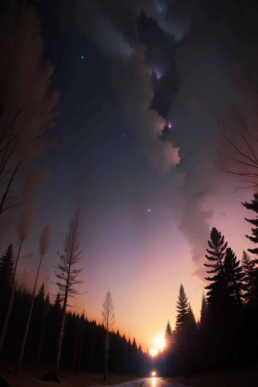 night sky, sky in pink and purple, forest