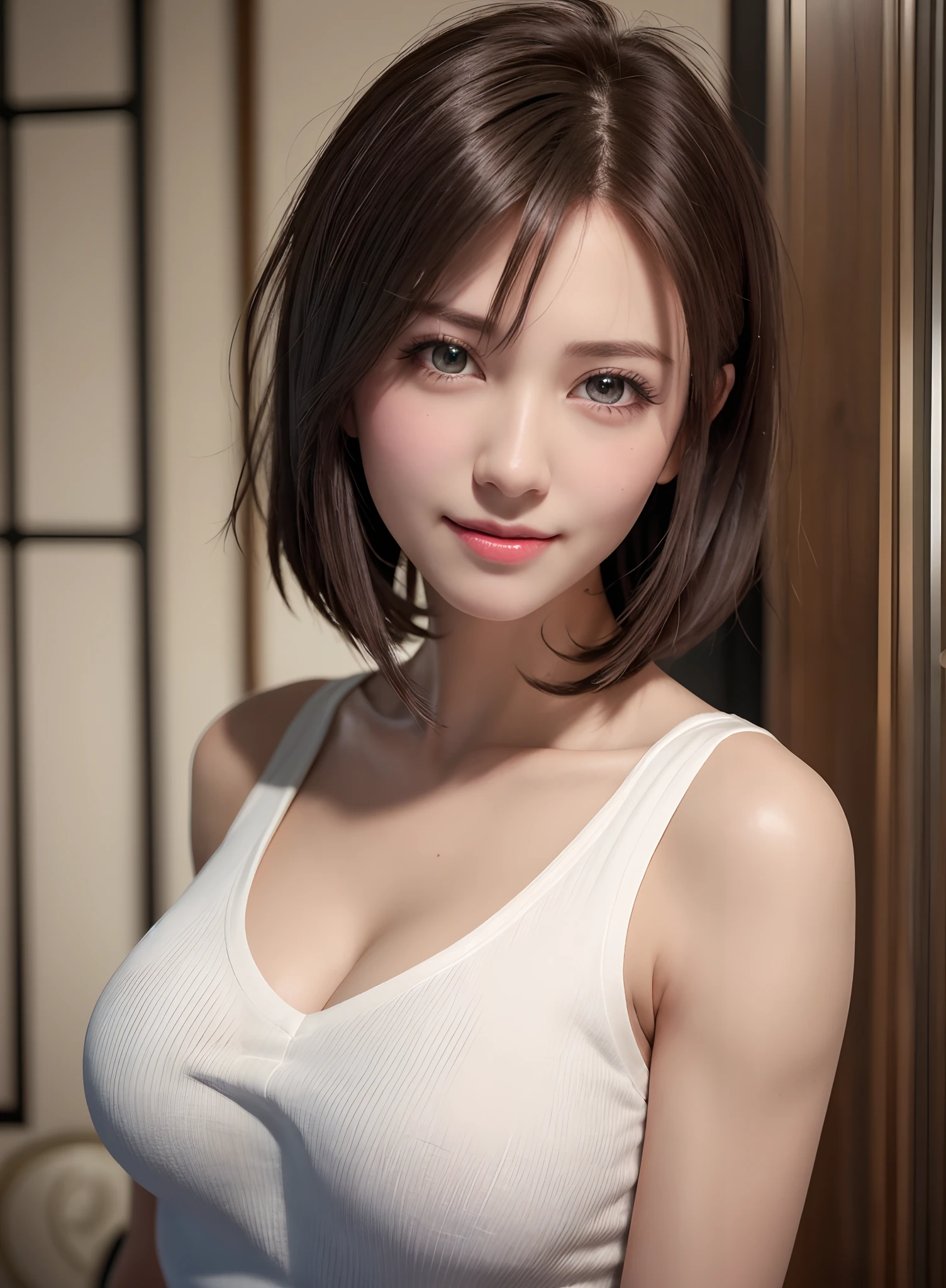 Top quality, ultra high resolution, (photorealistic: 1.4), beautiful eyes, super beautiful, short hair, beautiful breasts, lover, t-shirt with rough chest, eyes inviting viewer, lover's eyes, inviting facial expressions, sexy smile, perfect style, perfect balance, detailed skin, naughty eyes, chest visible