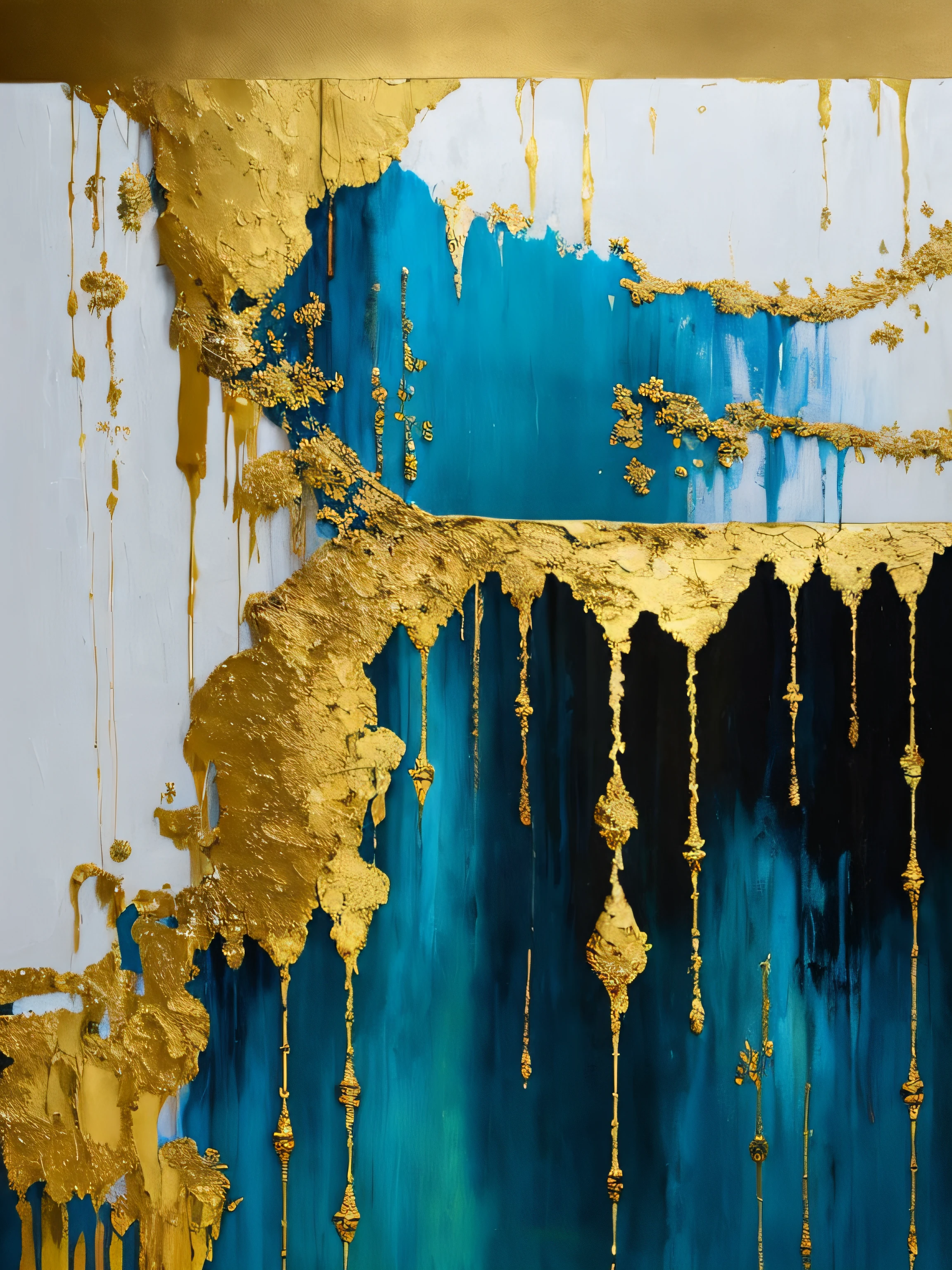 A painting of a contrasting oil painting,It is painted with gold paint, Cloth paint, gold leaf painting, blue drips, Abstract art painting, Gold and contrasting, touch of gold leaf, Drip oil painting, Drip painting, Mixed media painting, mandy jurgens art, touch of gold leaf