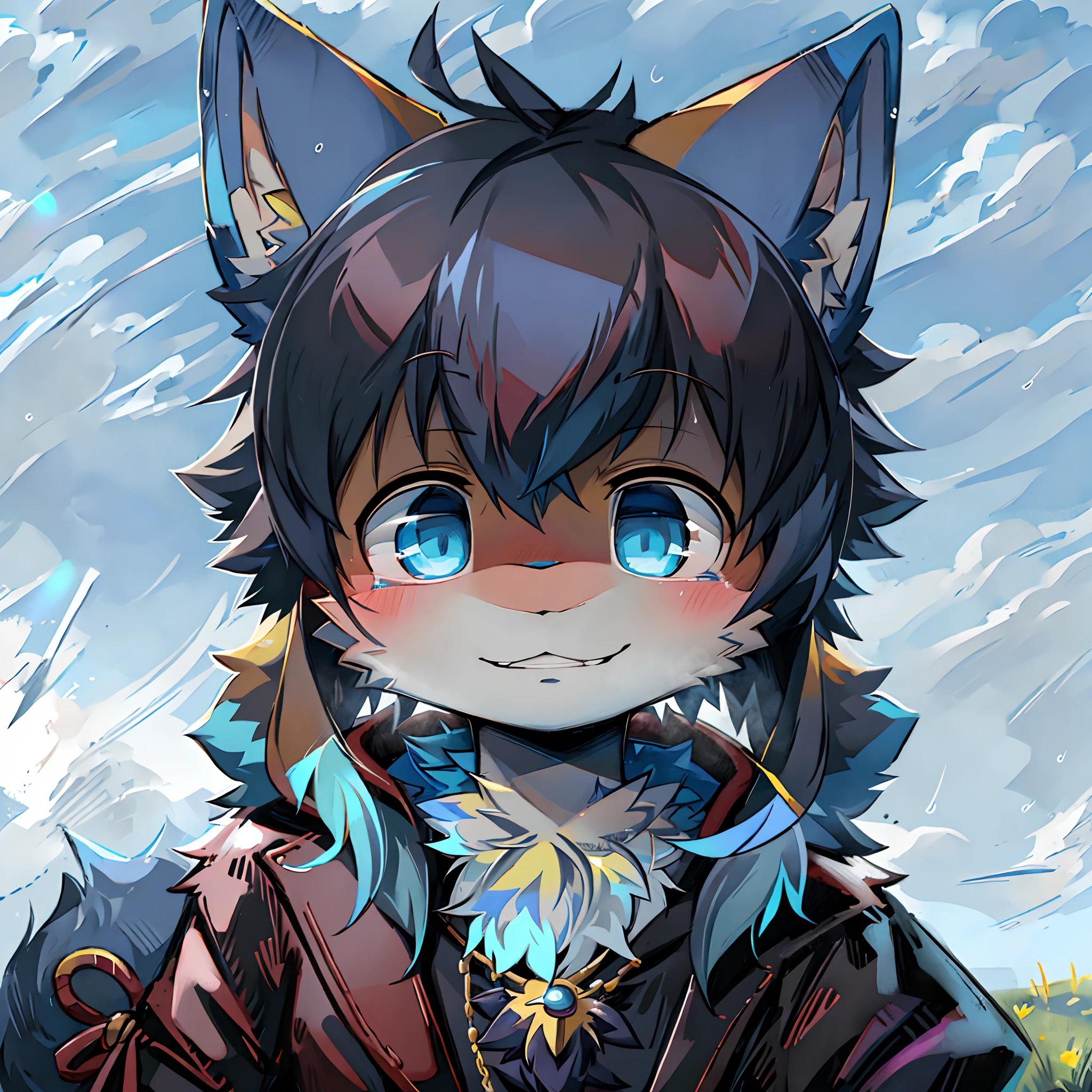 Anime - style image of a cat with blue eyes and a black coat, fursona art, furry character portrait, very very beautiful furry art, fursona furry art commission, fursona commission, fursona!!!!, furry fursona, portrait of an anthro fox, anthro portrait, Furry art!!!, Furry character, commission for high resolution, Detailed fanart,Rain background,rainbowing，portrait of zeraora，smiling expression!!!!felid，Black color hair!!!!There is a purple pearl pendant around the neck!!!!!!!Most of the blue hair on the face!!!!!!!