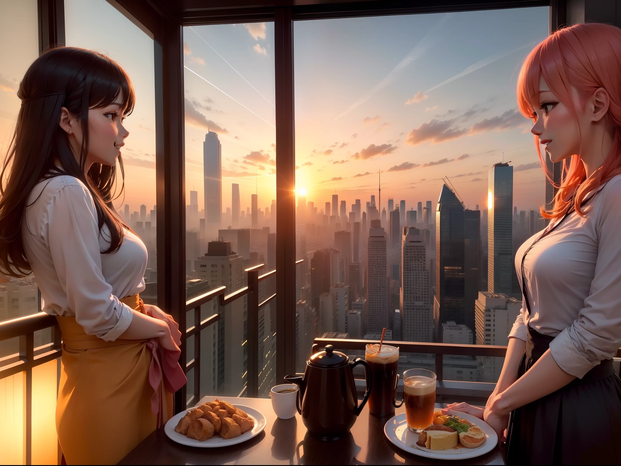 at the sunset, 城市, Skyscrapers, a person々Flow of, Building windows, Warm light, Walkway, a person々, cafe terrace, Friends, Laughing, Skysky, an orange, pink there, tints, Urban hustle and bustle, Beautiful sunset, harmony