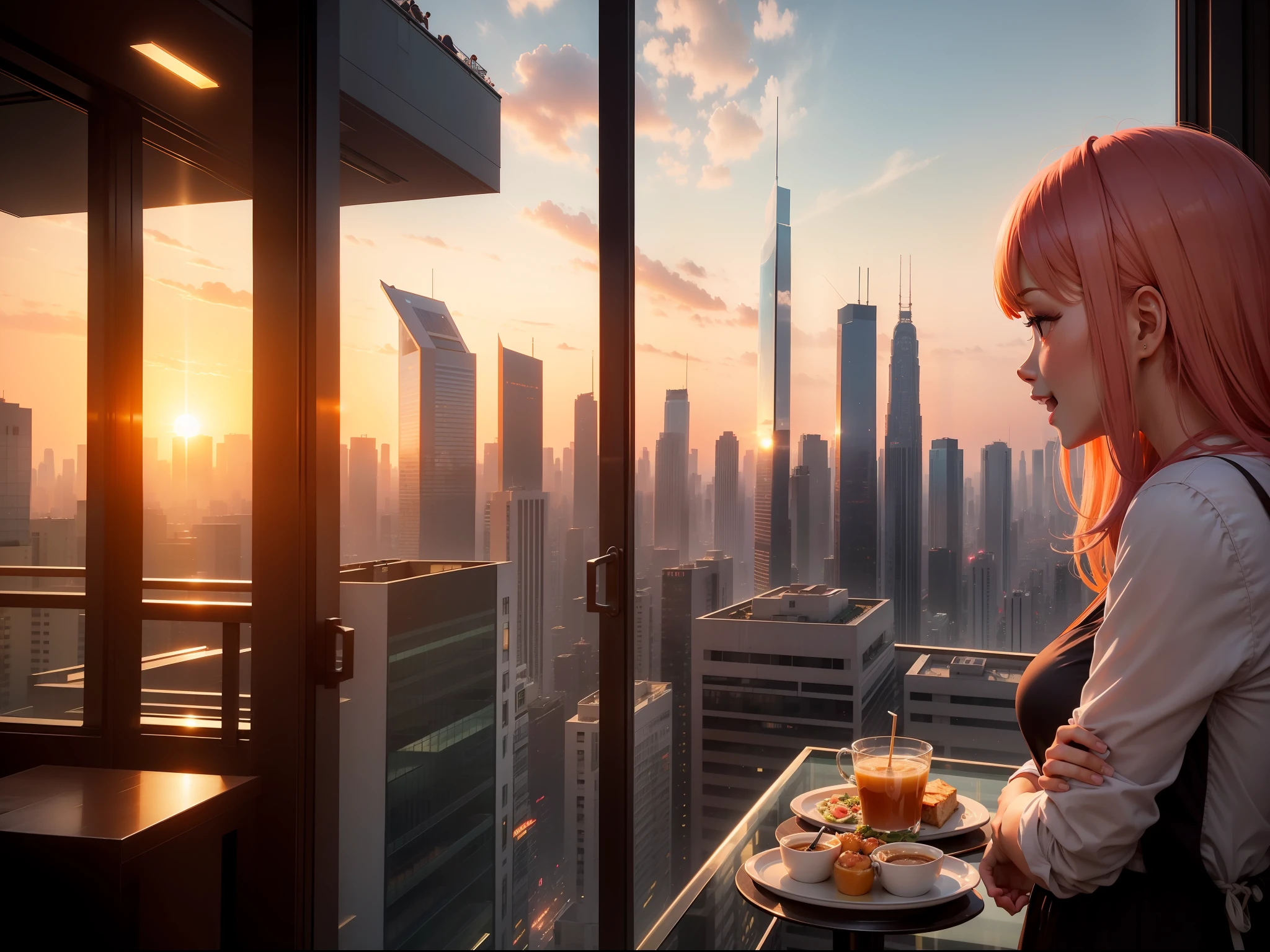 at the sunset, 城市, Skyscrapers, a person々Flow of, Building windows, Warm light, Walkway, a person々, cafe terrace, Friends, Laughing, Skysky, an orange, pink there, tints, Urban hustle and bustle, Beautiful sunset, harmony
