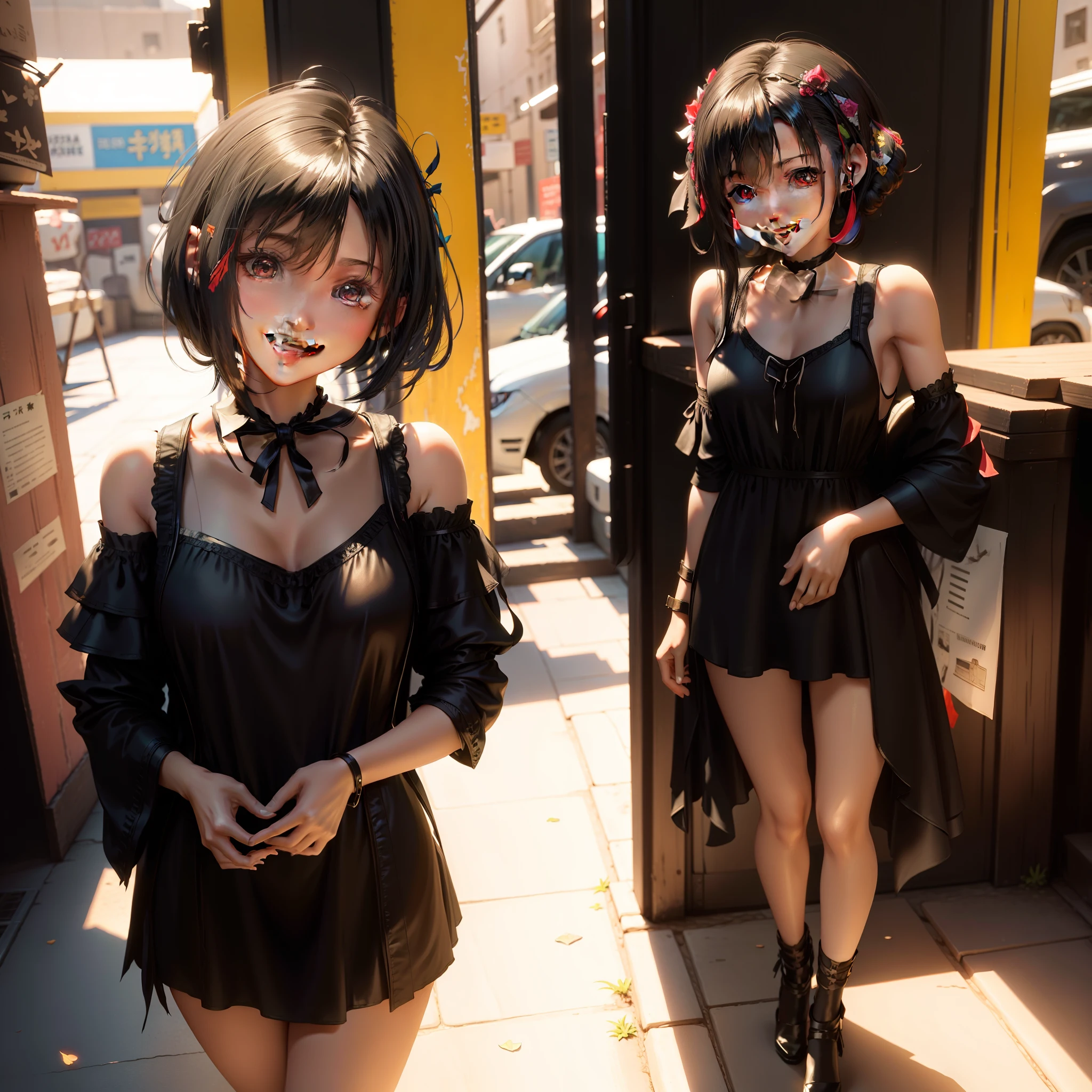A little girl in a black slip dress,with short black hair,Full body photo with a ribbon around his neck,Optimism loves to laugh,Slim,Hobby watching,