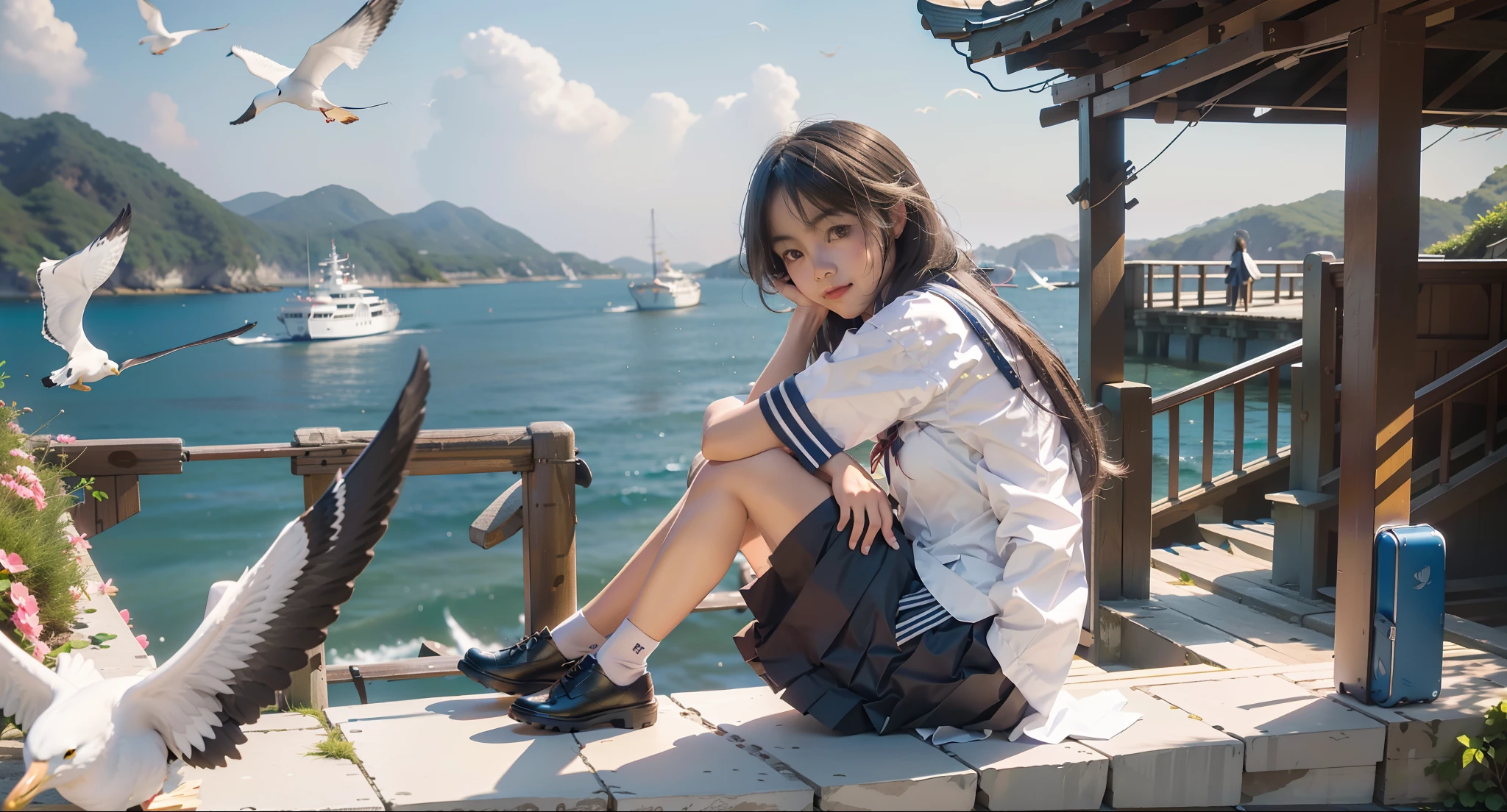 In a Japanese anime style，A schoolgirl sits on an embankment by the sea，Wear a student uniform，Long hair flutters in the wind，There are boats and seagulls in the distance，Blue sea