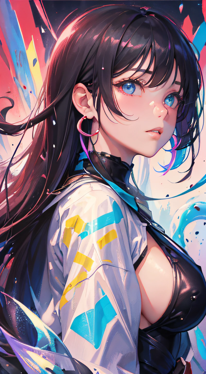 (tmasterpiece)、(top-quality)、(ultra - detailed)、(messy hair)、(illustratio)、(1girl in)、(Fashionable clothes)、It's standing、Fashion model、Look back、(interview)、(Brief Background)、Beautiful detailed eyes、Delicate beautiful face、Floating、(High color saturation)、(colorful water splash)、colorful bubble、(Shine)、focus onface、Kana Arima、Crimson hair、bangs、Hair rings、Floating hair。The girls、Anime waifu、Look far away、Very detailed and、reflective transparent iridescent color、long transparent iridescent RGB hair、Art Station Art Bee Serra Rules、thick acrylic、pixiv illustration、waist up portrait、Gorgeous holy girl、top-quality、ultra - detailed、Sad、Wise、beautiful countenance、beautiful Ryton black background、Character stvle rendered by Octane、with a simple background、huge tit、poneyTail、The strongest beauty