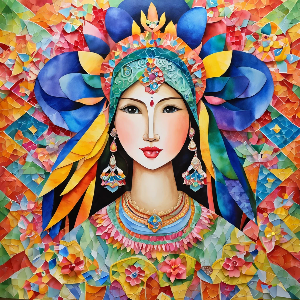 (FULL BODYSHOT:1.4), colorfull background, (1 italy young girl, aodai, nhat binh, nhat binh dress, Halo, Exquisite headdress, Smile), (paper art, Quilted Paper Art, Geometry), highly colorful