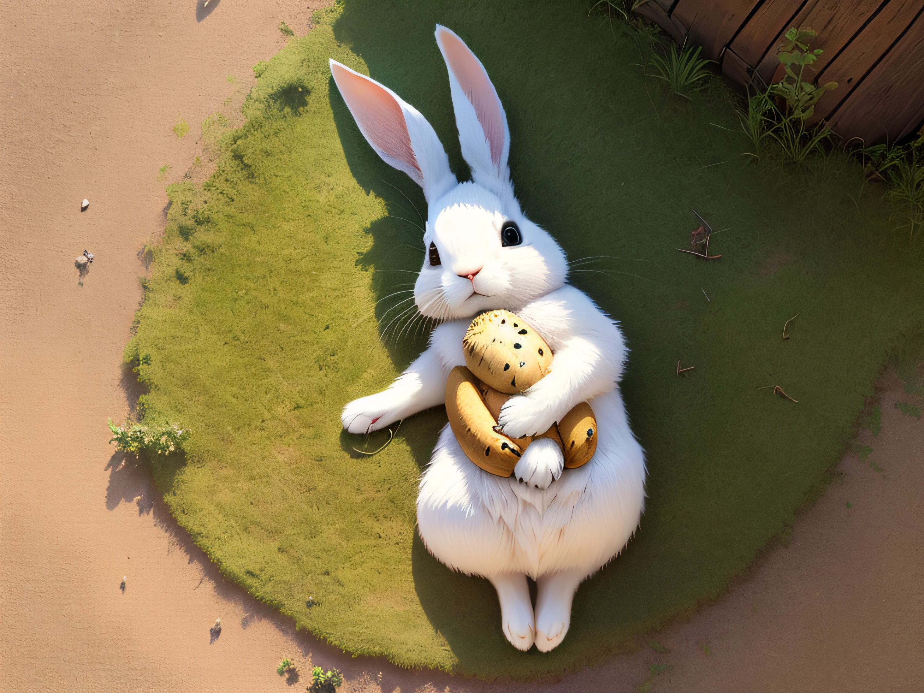 Rabbit lying on its side，Aerial overhead shot