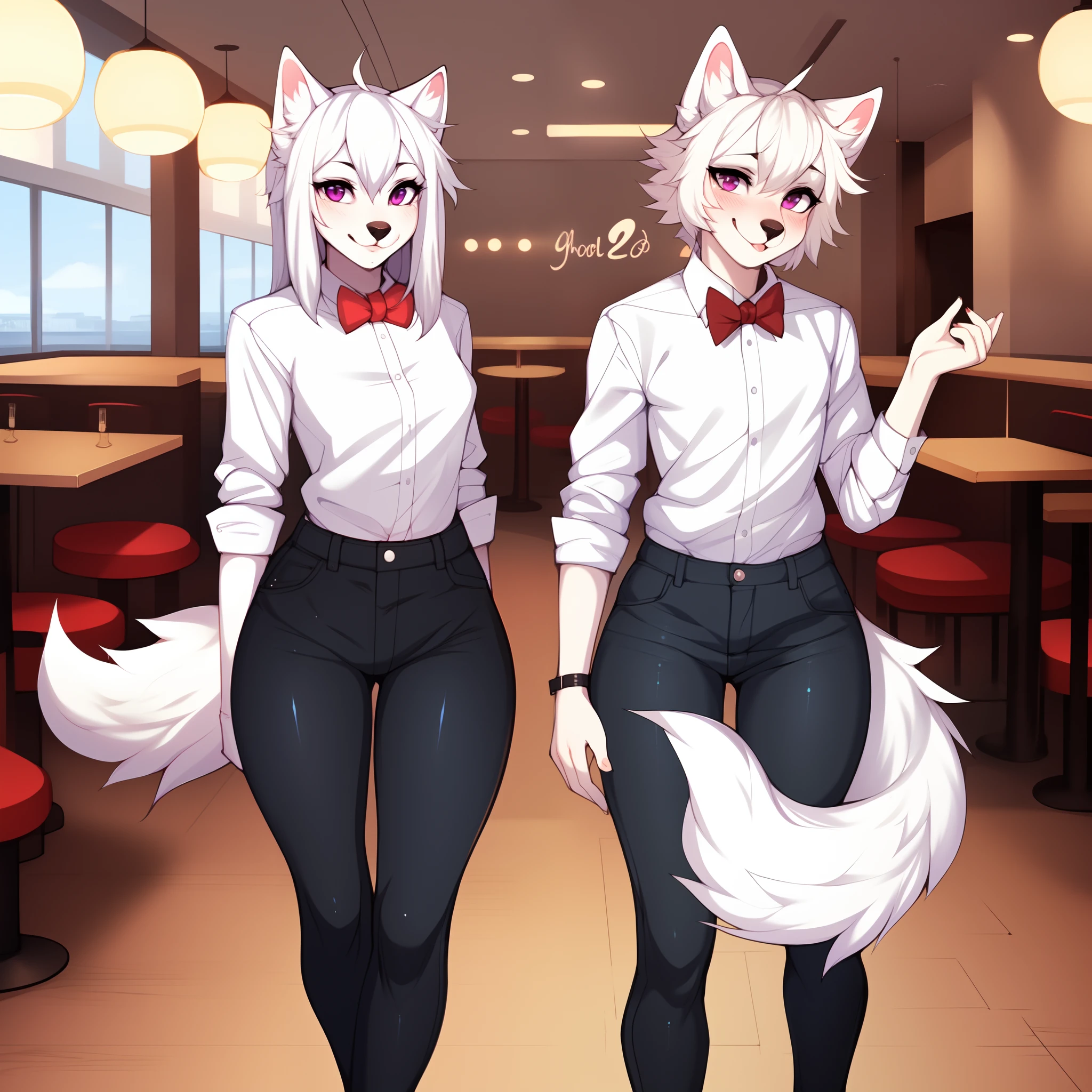 A male white wolf, short white hair, purple eyes, black noses, cute snout, white wolf tail, white fluffy ears, wearing white button up shirt, bow ties, black skinny jeans, standing in a restaurant, elegant environment, by hyattlen, by claweddrip, by fumiko, high quality, approaching viewer, pov, flirty expressions, blushing, blend in with image