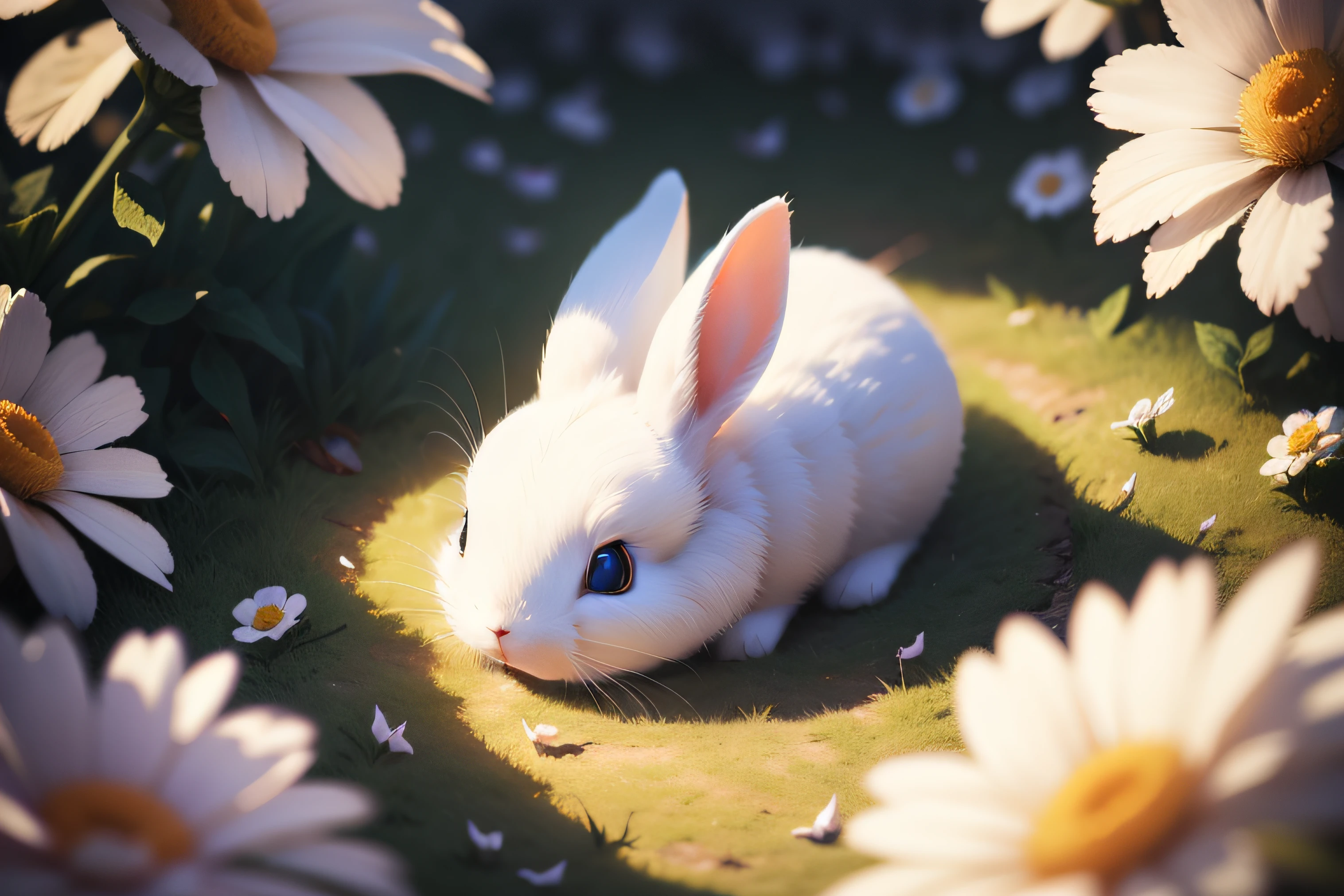 Little white rabbit lying on its side in sunny park,Aerial overhead shot,clean backdrop,depth of fields,largeaperture,photography of,volume fog,Halo,blooms,Dramatic atmosphere