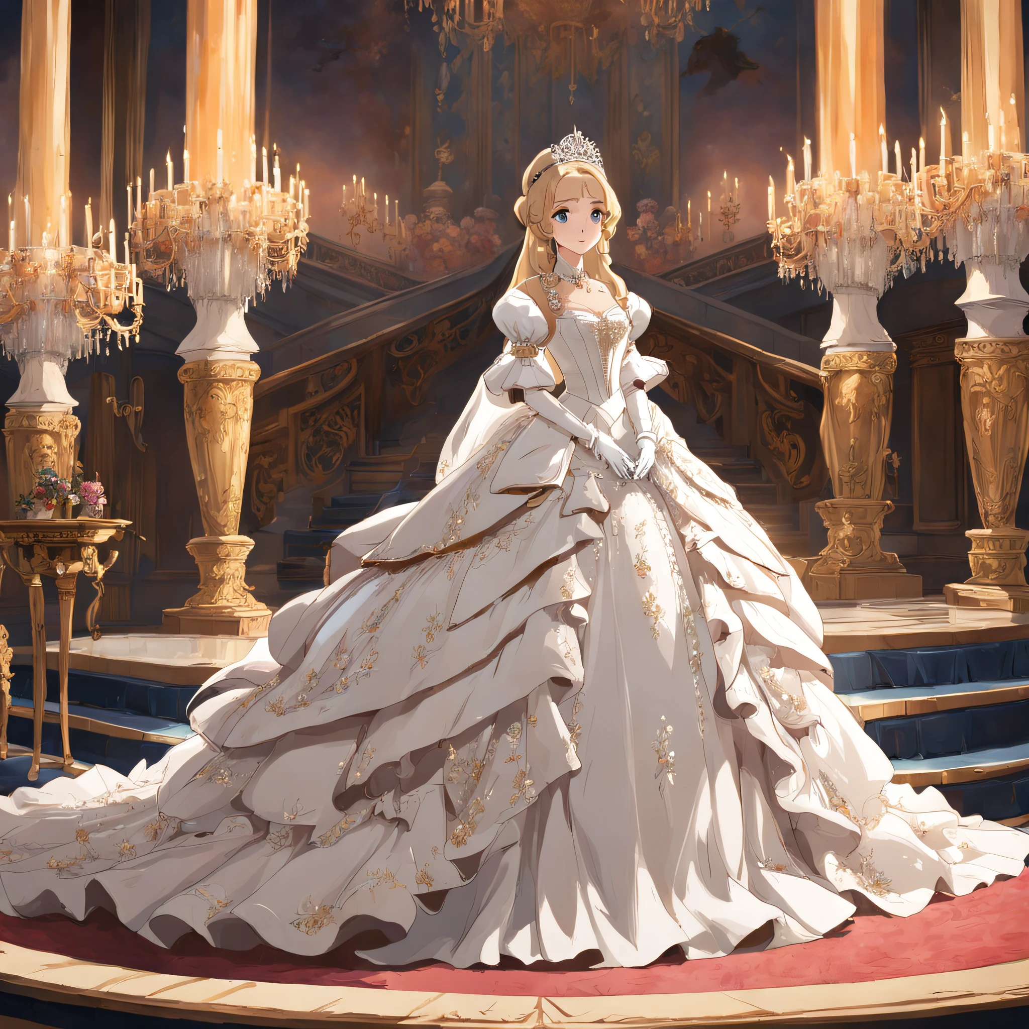 Best quality, Masterpiece, a stunningly beautiful Greer Grammer as a royal bride wearing a stately and elaborate royal wedding dress of white satin and tulle adorned with huge ribbon bows, lace, frills, flounces, embroidery and jewels, with enormous puffed sleeves, an hourglass waist and a voluminous crinoline hoopskirt, bustle, and train, long white gloves, pearl necklace and earrings, elaborately curled and styled hair