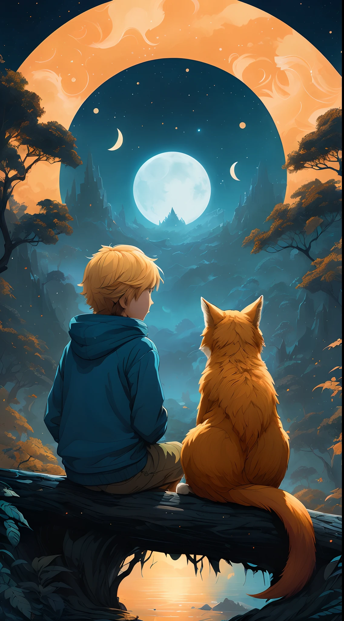 there is a boy and a fox sitting on a tree branch, ross tran and michael whelan, cyril rolando and goro fujita, beeple and jeremiah ketner, inspired by Cyril Rolando, cyril rolando and m.w kaluta, cyril rolando and m. w kaluta, edgar maxence and ross tran, calm night. digital illustration