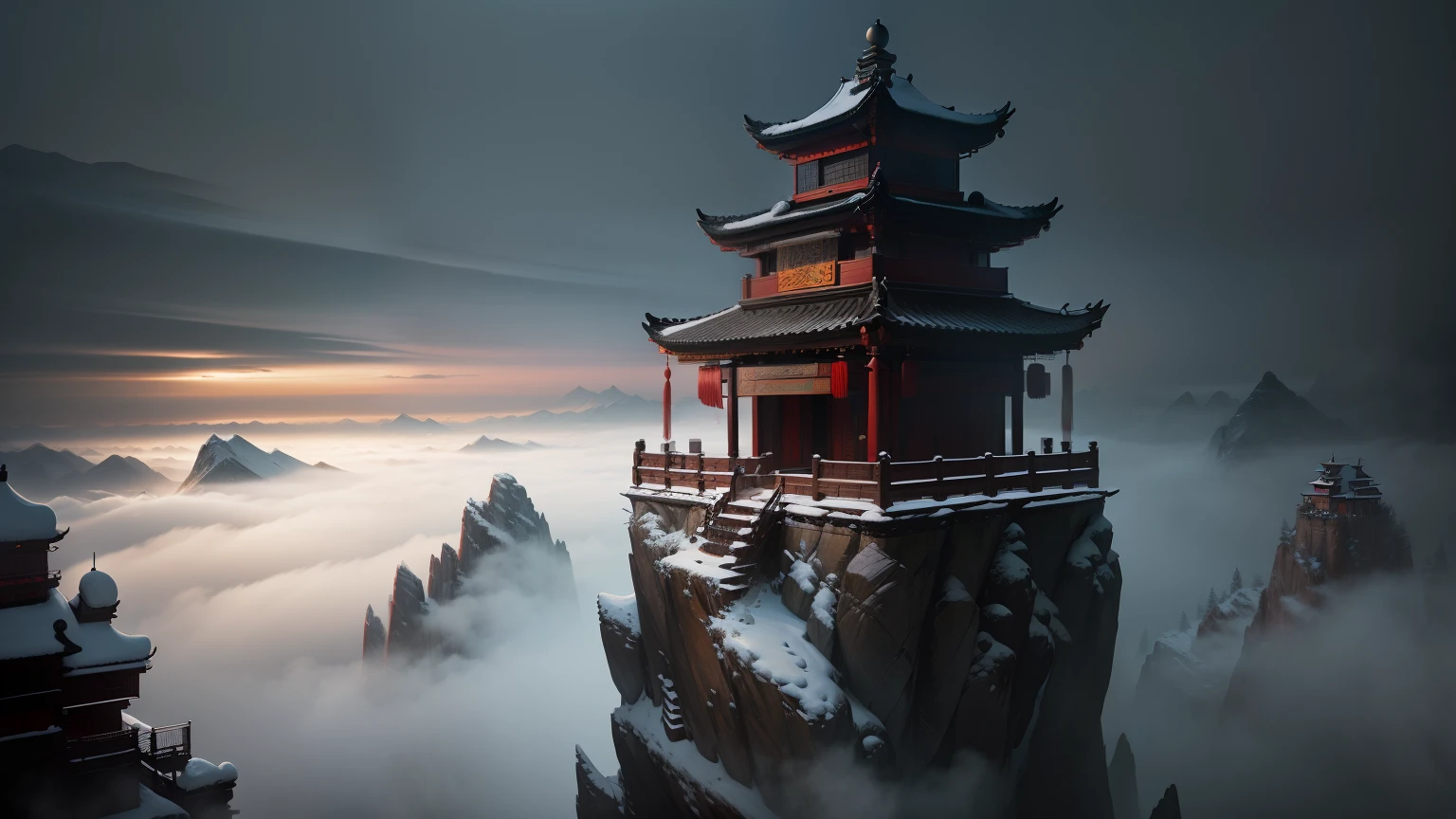 tmasterpiece,best qualityer,Chinese martial arts style,Chinese architecture,High hills,snowy day,(( (Chinese martial arts style))), The sky is vast, Even the mountain cliffs, ink wash style, Contour light, Atmospheric atmosphere, depth of fields, The fog rises,pines, Octagonal stone pavilion, red flag on top