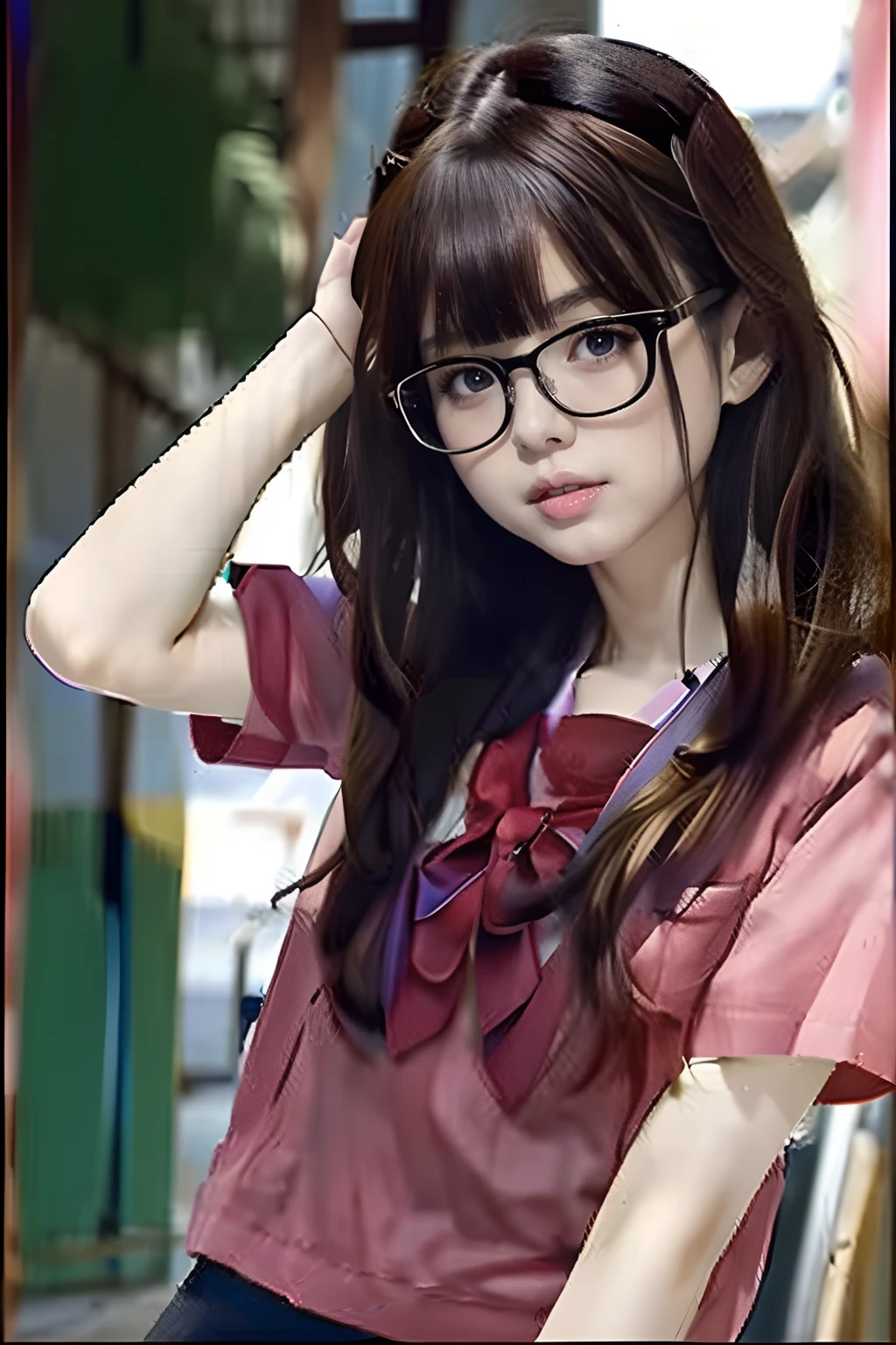 Arab asian woman with glasses and pink blouse, realistic anime art style, photorealistic anime, realistic cute girl painting, realistic young anime girl, pretty anime girl, Cute beautiful, anime thai girl, Anime Realism Style, with glasses, Cute anime girl, 3 d anime realistic, Beautiful anime girl, Girl with glasses, Portrait Anime Girl, photorealistic anime girl render、big breasts、Realistic Girl、