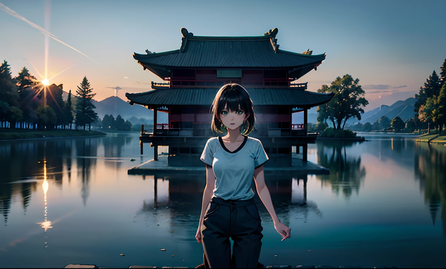 tmasterpiece,top-quality,green waters,There are green lotus leaves,There is a duckling swimming,rays of sunshine,in the early morning,1girll,Casual dress girl,baggypants,T-shirt,mediuml breasts,Girl playing by the lake,Ancient Chinese rural architecture,Blue tile white walls