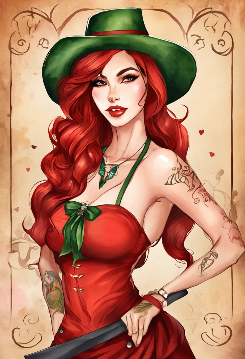 A close-up of a woman with red hair and green bra, ruiva, ruiva, tatuada, deusa do fogo quente, deusa do cabelo ruivo, sun sunset, no sol, Ruiva, Lacey, colorida, cena linda, sorriso sedutor, angelawhite, Pinup tatuada , in red costume with red hat and red stick, roupa diabo muito sexy, classical witch, bruxa linda, witch supervillain sorceress, Red dress and magic witch hat, bruxa cowboy bonita, bruxa Castlevania, bruxa feminina bonita, bruxa feiticeira do mal, Witchy, diablo 4 lilith, succubus | medieval, mulher bruxa poses variadas,Pose dominante, Backview