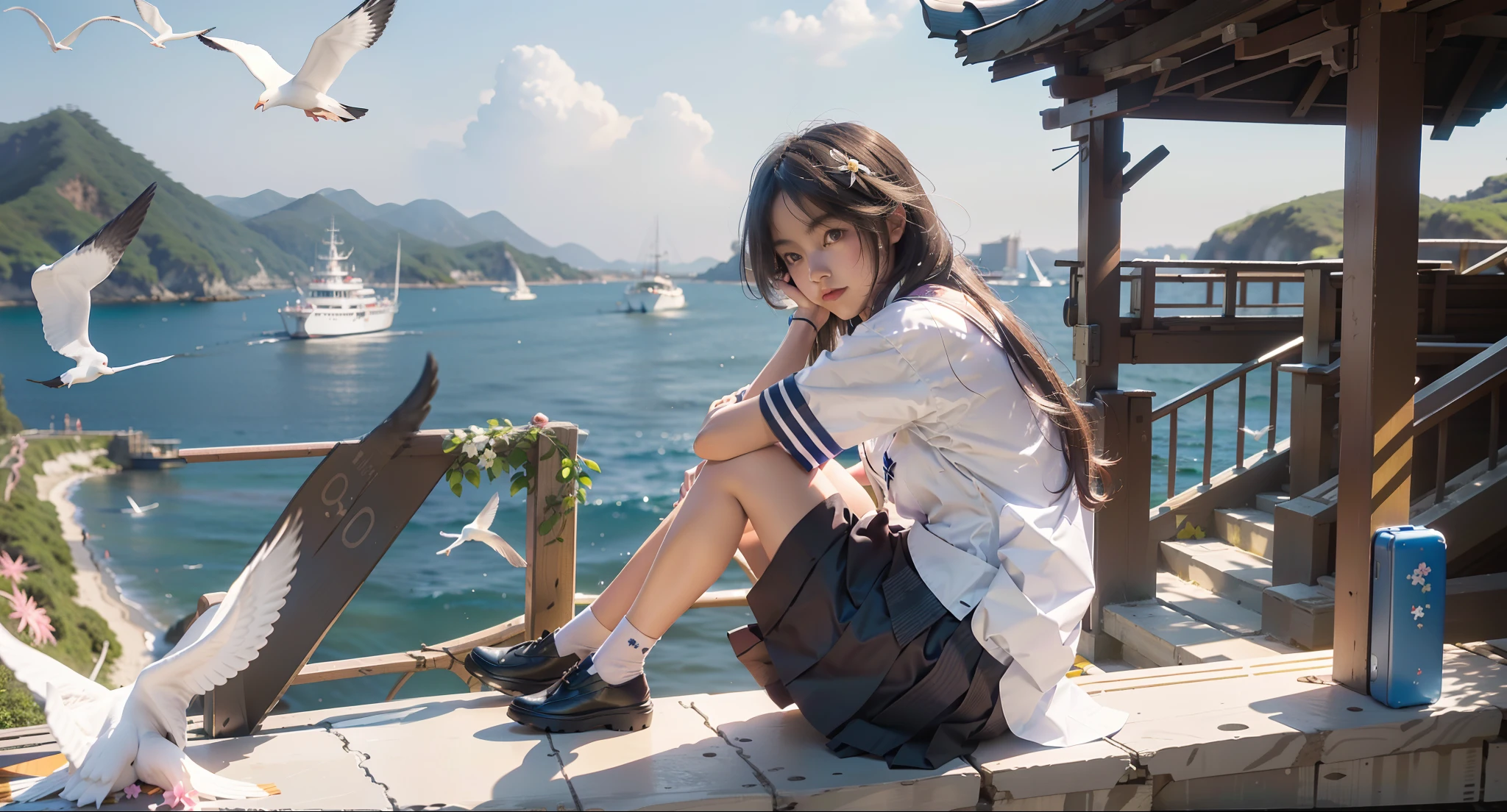 In a Japanese anime style，A schoolgirl sits on an embankment by the sea，Wear a student uniform，Long hair flutters in the wind，There are boats and seagulls in the distance，Blue sea