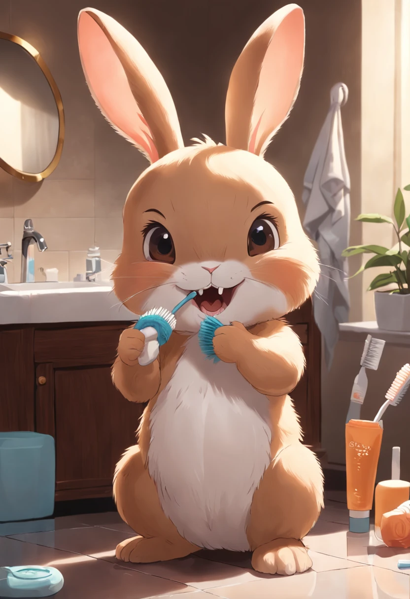  rabbit brushing his teeth、brown body、Ears stand、White toothbrush、In front of the mirror、Tiere、Only one