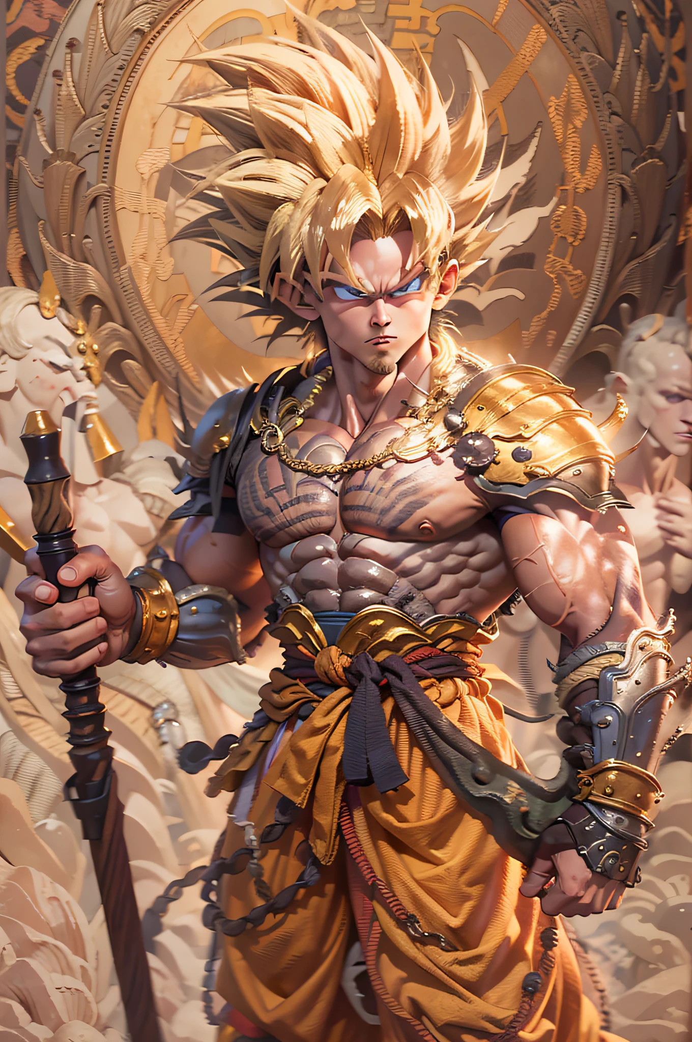 (Masterpiece, best detail), mythological creatures, son goku, Golden hair, Wear a gold circle, Wear traditional clothing armor, Leaning on his shoulder with a cane