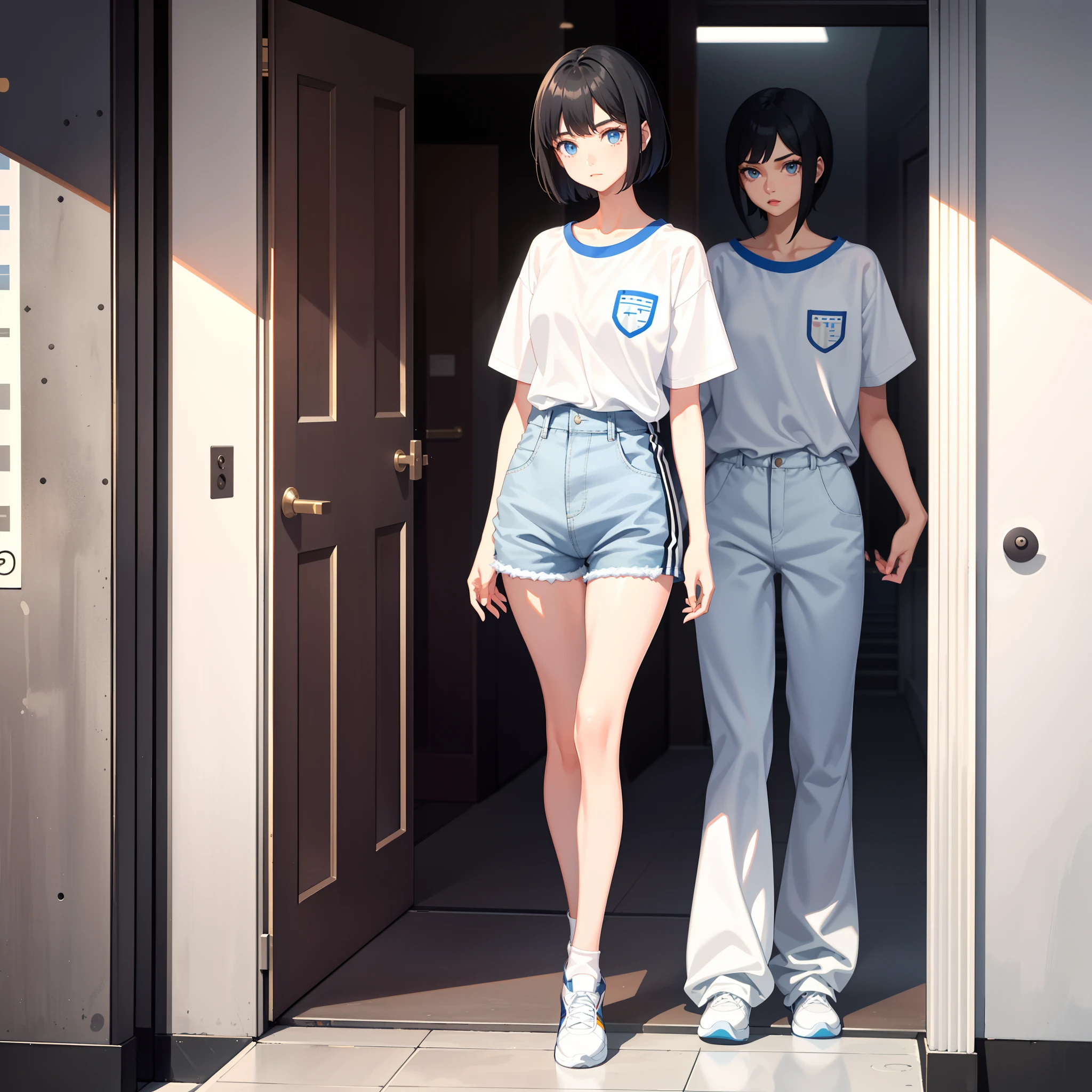 Tall、Height: 160cm、Upper of Japanese elemenHair Black、White T-shirt and slightly long blue shorts、Active、Pee、Peeing、embarrass、outside、Wild outsideUrinating、incontinence、Urinating、Big incontinence、Big Urinating、Urine leakage