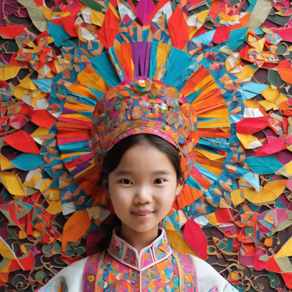 (FULL BODYSHOT:1.4), colorfull background, (1 vietnamese young girl, aodai, nhat binh, nhat binh dress, Halo, Exquisite headdress, Smile), (paper art, Quilted Paper Art, Geometry), highly colorful
