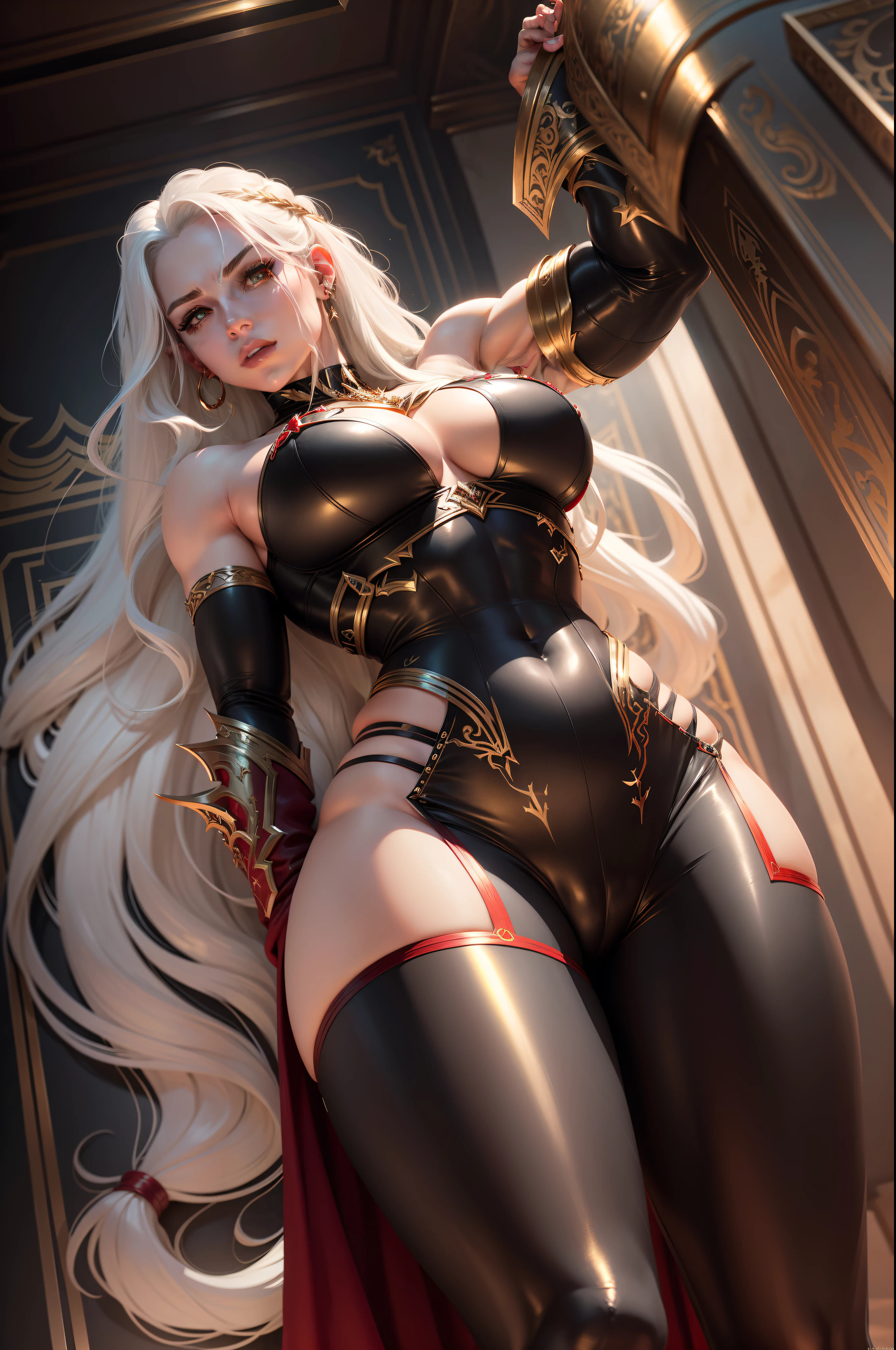 Long hair with metallic pale white waves Muscular and macho queen of the underworld Black and red leather bondage shortpants Beautiful golden eyes pale skin Emerald earrings long ears A sexy glamorous in throneroom realisitic Precision Details unrealengine High-density hands Fantasy Artwork