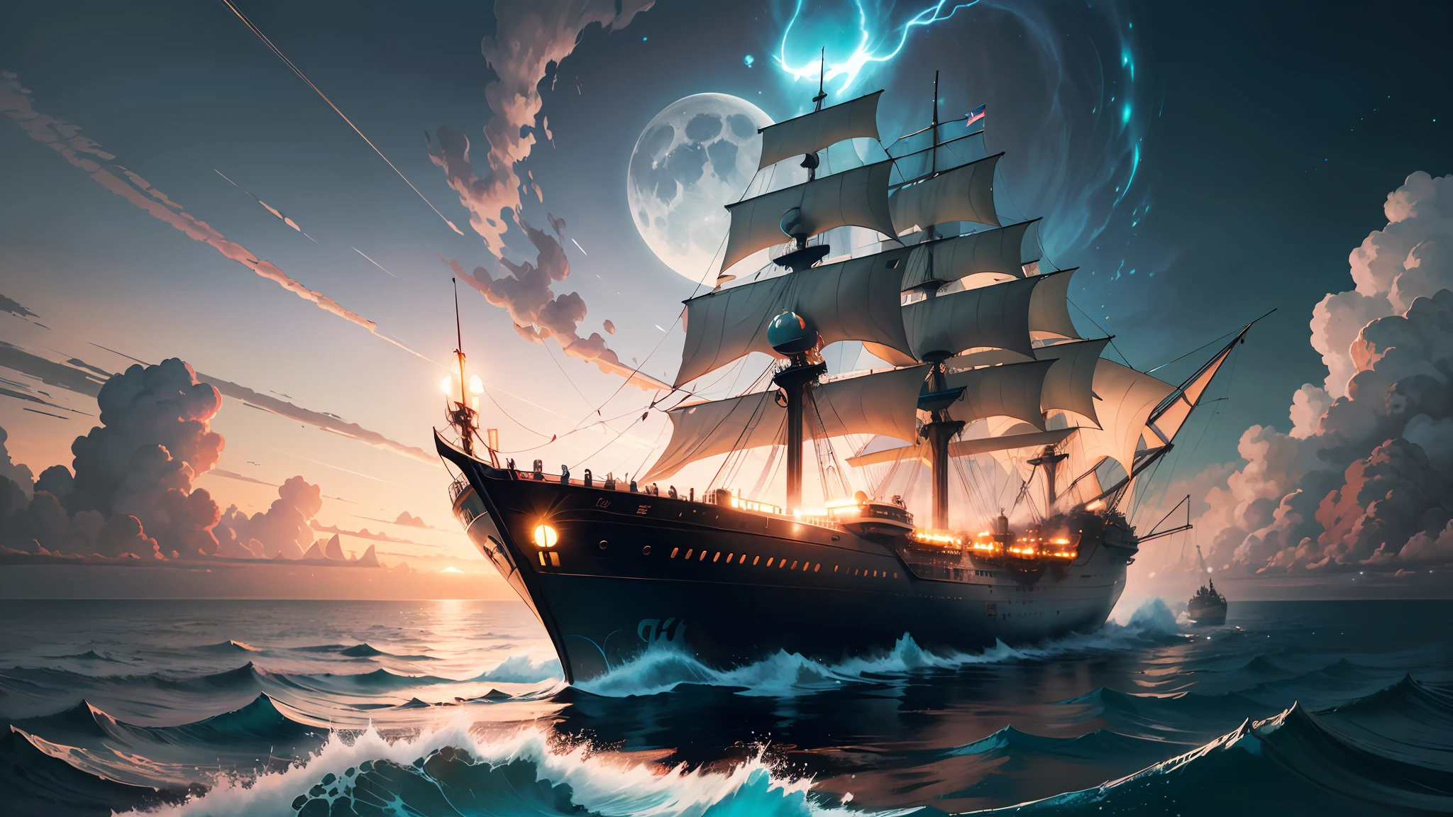 Imagine the enchanting scene of a mysterious pirate ship drifting on the stunning turquoise waters of the Magic Kingdom. Describe the ethereal appearance of the ship, From its intricacies, Luminous carving on rainbow-colored sails,Catch the glow of the two moons above. Delve into the ship's connection to the mysterious energy of the ocean, Detail how it uses these dynamics for propulsion and protection. Highlight the crew's attire, Reflects the color of the sea, And explore the ship's ability to gradually enter and exit reality, Disappear from view when danger approaches. Convey the wonder and mystery that this ship brings to all those who encounter it in this realm where reality and magic intertwined